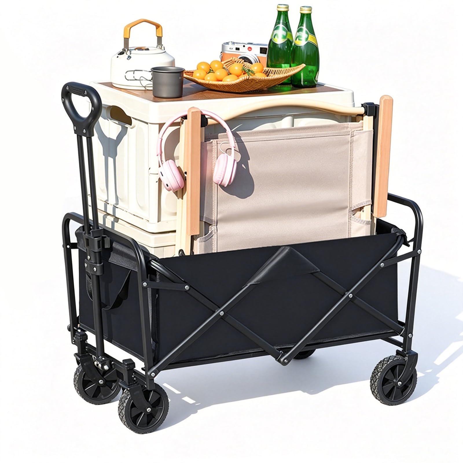 Carrello pieghevole con grande capacità, portatile | fino a 150 kg, carrello per la spesa con ruote per campeggio, spiaggia, giardino, festival e bambini