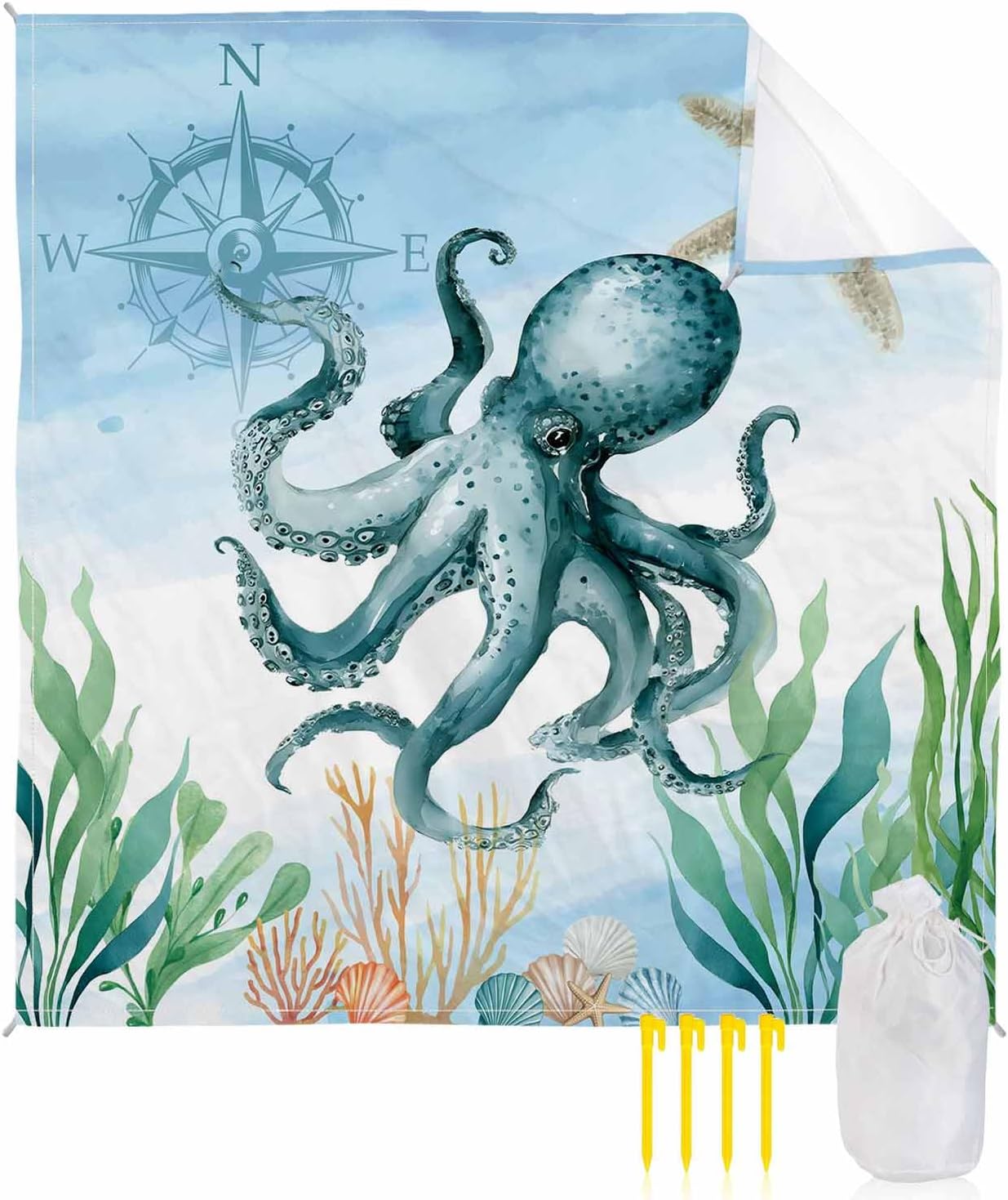 Ocea Life Octopus with Compass Starfish Beach Blanket Extra Large 83x79in Outdoor Waterproof Sandproof Picnic Blankets with Stakes Lightweight Beach Mat for Camping Travel Hiking,Seaweed