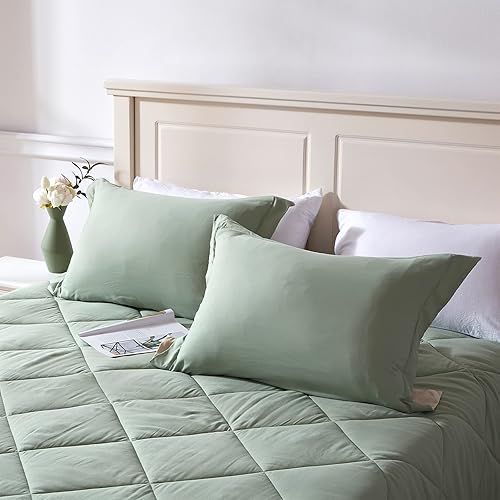 Miniatura 6 de NexHome - Juego de edredón individual Sage & Beige, juego de edredón reversible de 2 piezas, ligero, de plumón alternativo, juego de ropa de cama