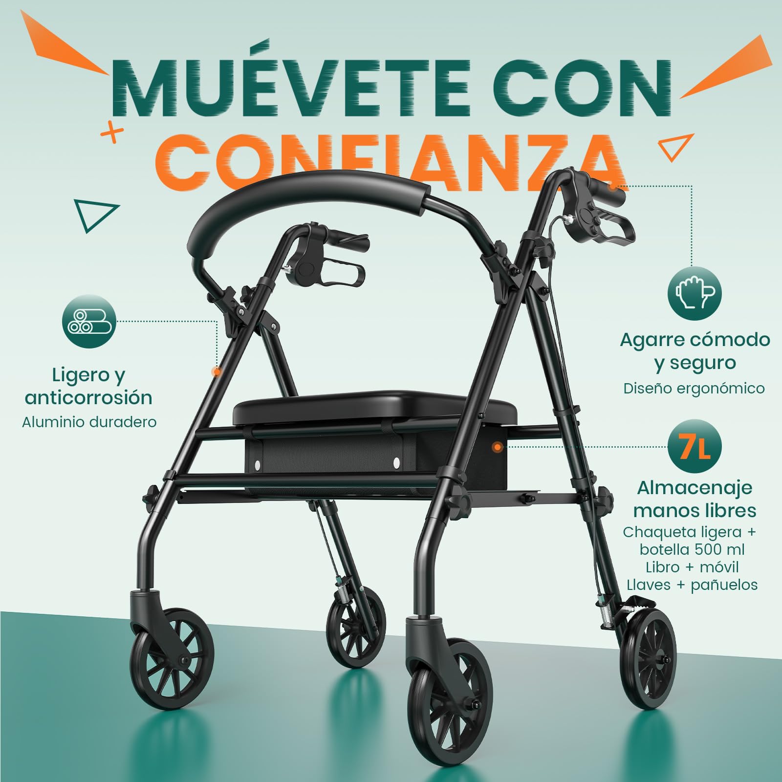 Andador Rollator con Asiento y Almacenamiento – Ayuda de Marcha Ligera y Plegable de 4 Ruedas para Adultos Mayores y Discapacitados, Uso Interior y Exterior, Negro