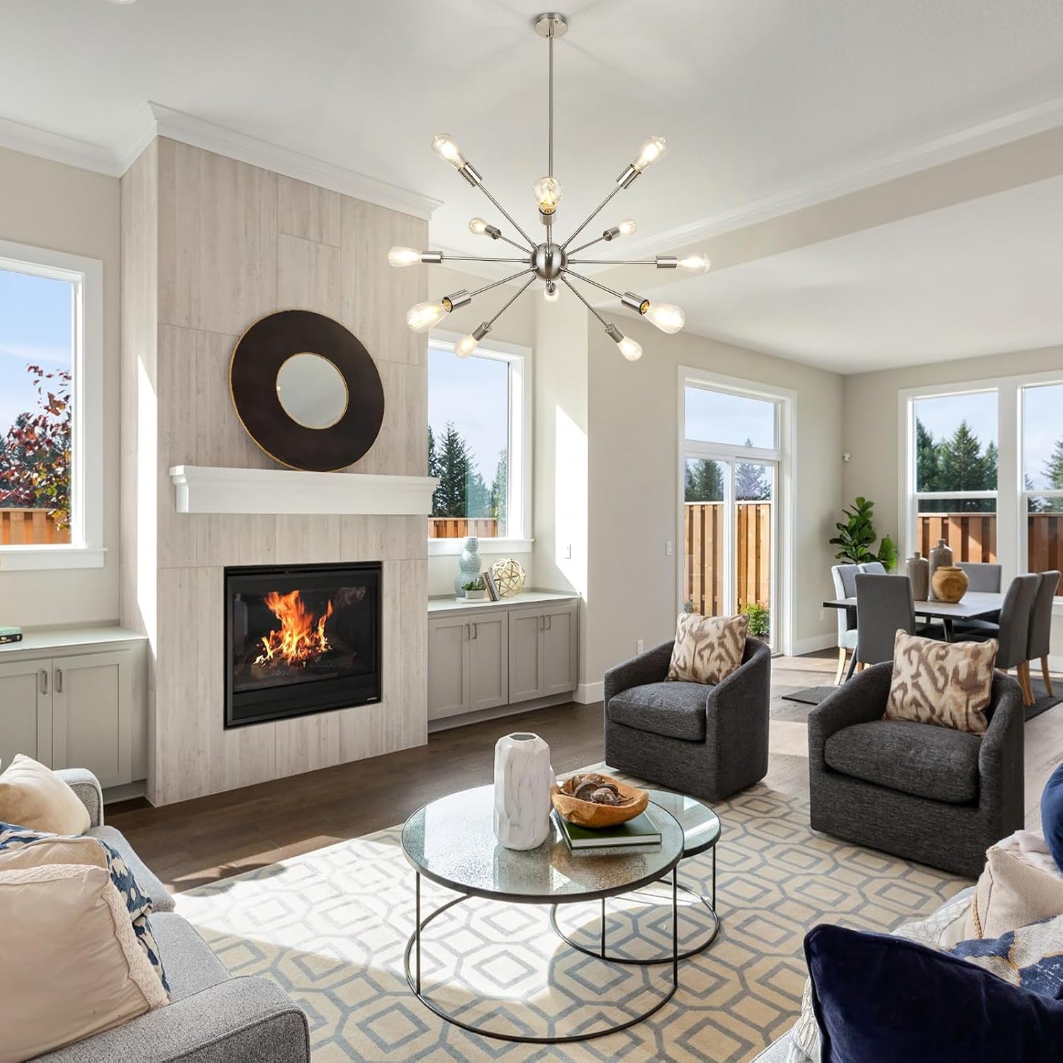 LynPon Brushed Nickel Sputnik Chandelier, 12 Lights Plating Silver Chandeliers Sputnik Light Fixture Modern Ceiling Light Mid Century Lighting for Dining Room Living Room Kitchen Foyer Bedroom