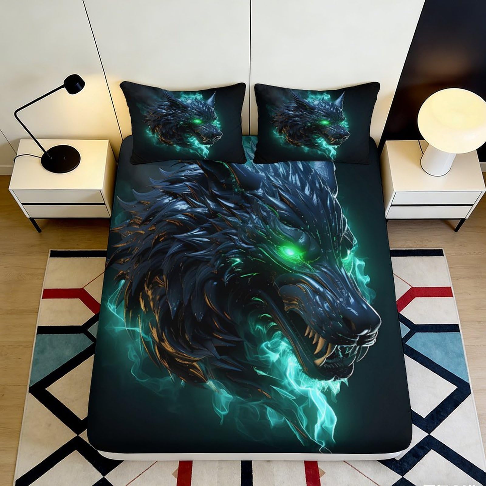 3D Printed Neon Wolf Fitted Sheet Microfiber Soft Breathable Glowing Beast Mattress Cover for Bedroom Dorm Bed Protection Decor 160x200x25cm