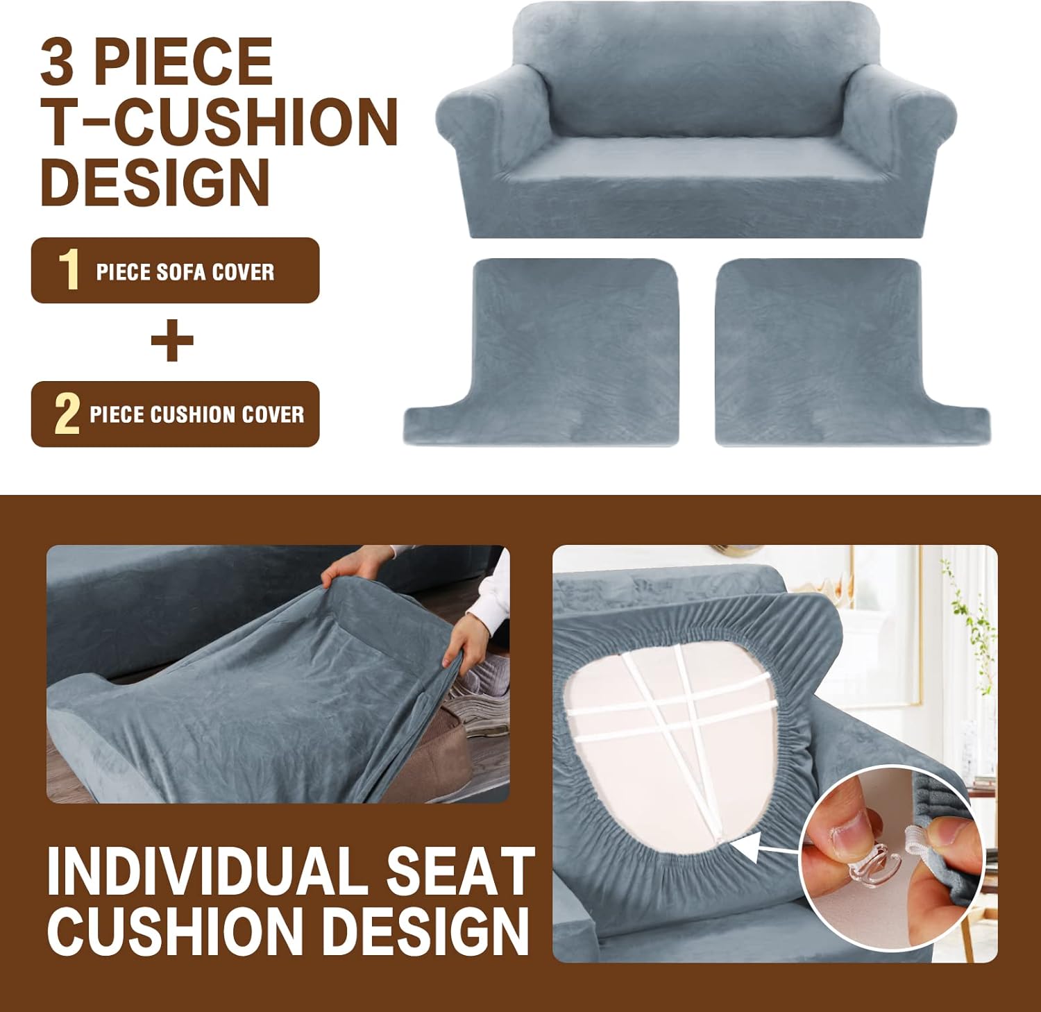 Velvet T-Cushion Sofa Cover 3-Piece Set – Stretchable Loveseat Slipcover for 2-Seater Couches, Includes 2 T-Cushion Covers – Soft Furniture Protector (Dusty Blue, Loveseat XL)