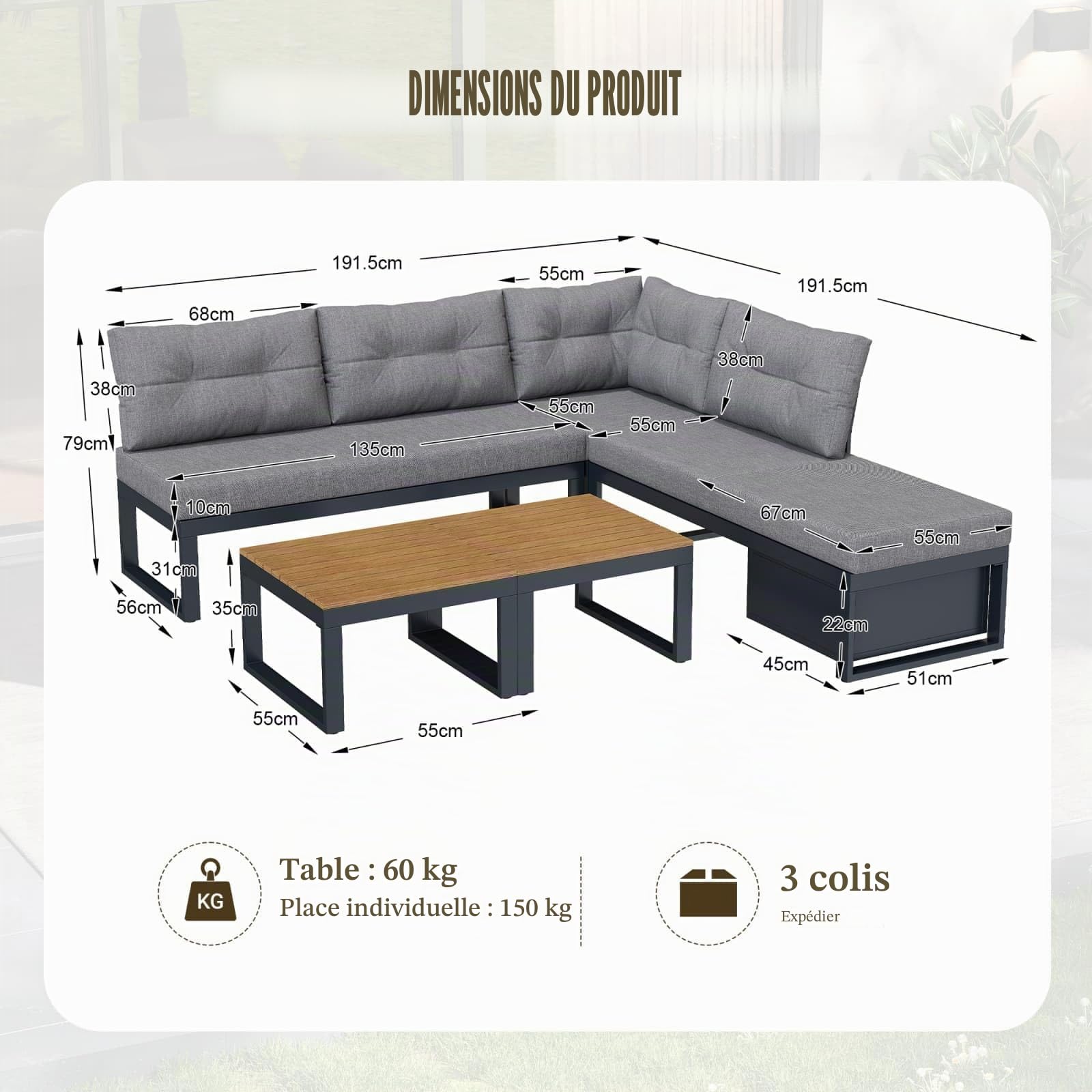 KOMHTOM Ensemble Salon de Jardin Extérieur Modulable – Canapé d'angle avec Tables Basses, Dossier Inclinable pour Terrasse, Balcon et Patio (Gris-B)