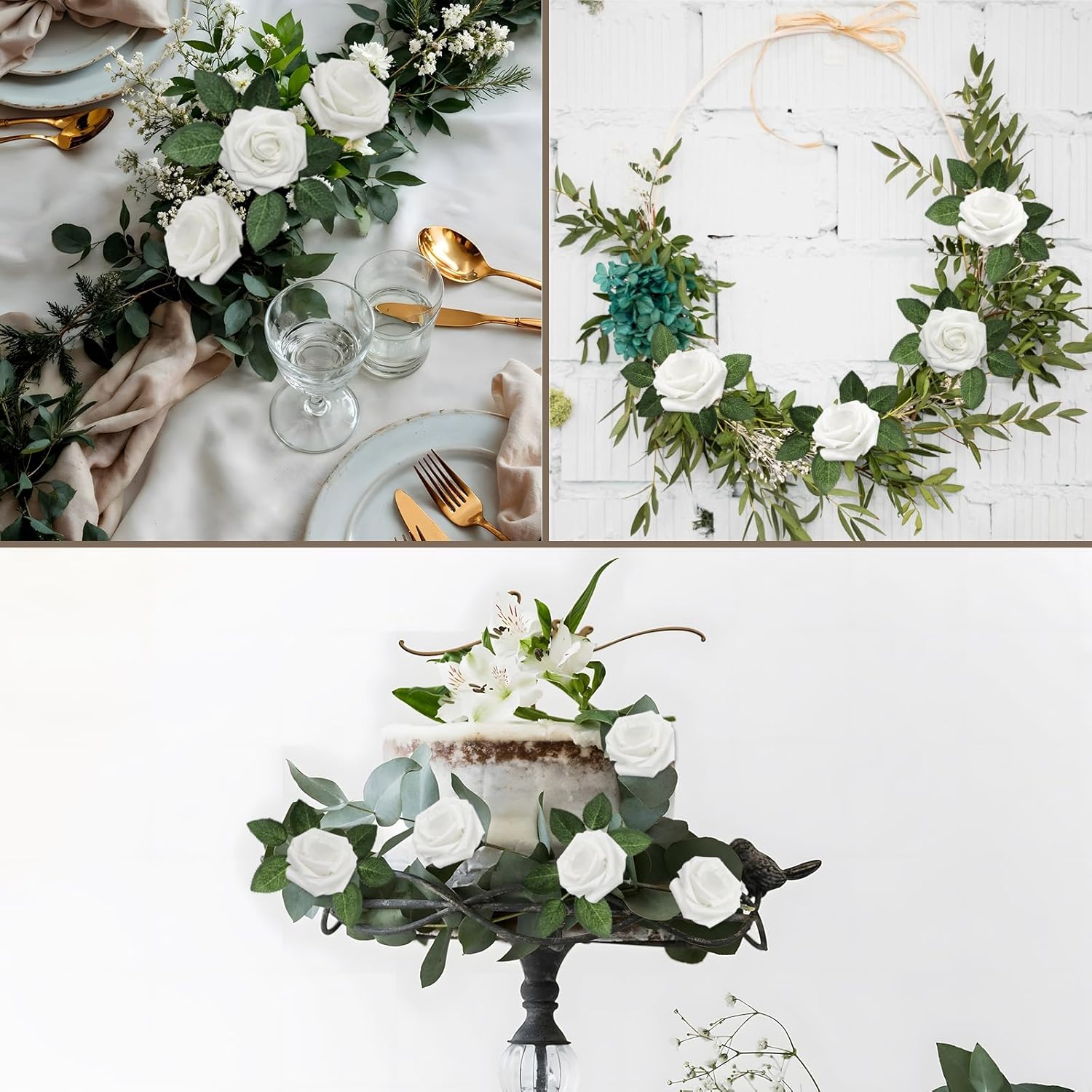 50PCS White Artificial Flowers Real Looking Foam Fake Roses, Rose Artificial Wedding Flowers Combo for Wedding Bouquets Centerpieces Flower Arrangements Decorations (White, 50)