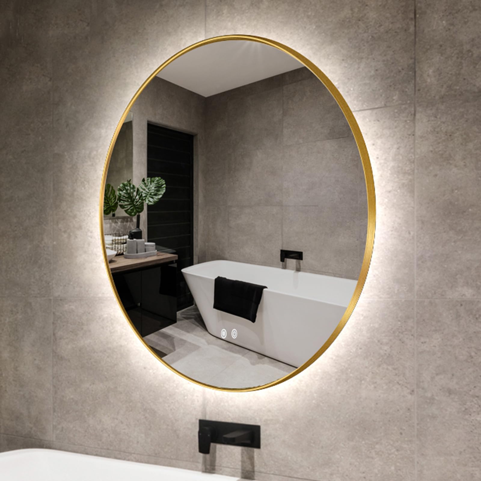 Okrągłe lustro łazienkowe z podświetleniem LED 800 mm – wodoodporne lusterko do makijażu przeciwmgielne IP44 – ściemniane 3-kolorowe światło – montowane na ścianie z elegancką metalową konstrukcją i