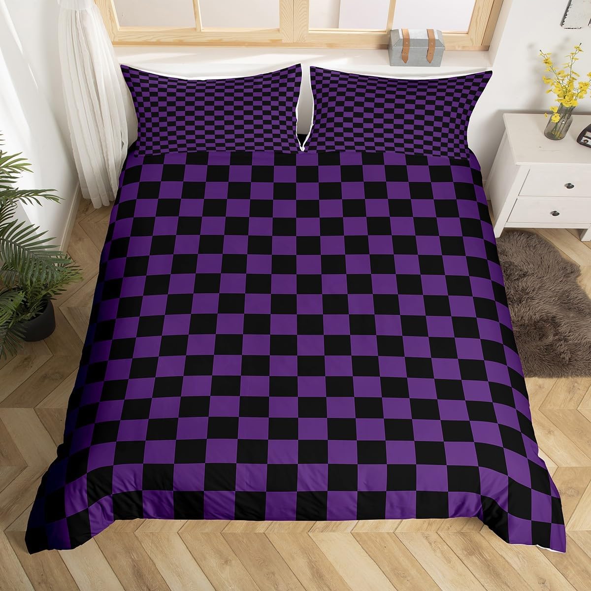 Geometric Grid Plaids Kids Duvet Cover Set Queen Size,Geometric Checkerboard Patchwork Bedding Set,Girls Boys Room Decor,Abstract Latticed Purple Black Chic Quilt Cover,2 Pillowcases(No Comforter)