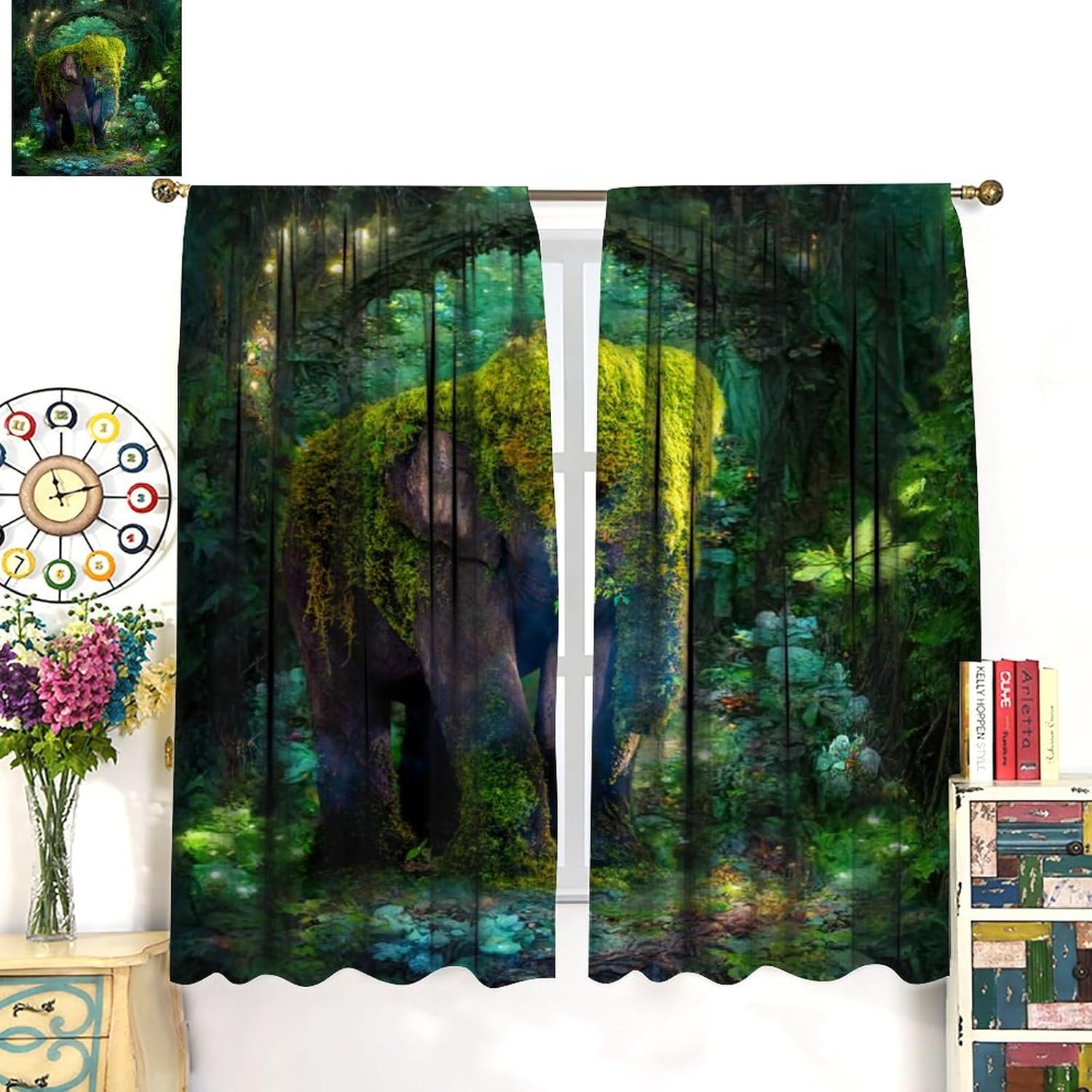 Funny Forest Wildlife Elephant Blackout Curtains for Bedroom, Fantasy Cartoon African Animal Elephant Tropical Plant Tree Green Leav Rod Pocket Thermal Insulated Room Darkening 2 Panels 72"L x 31.5"W
