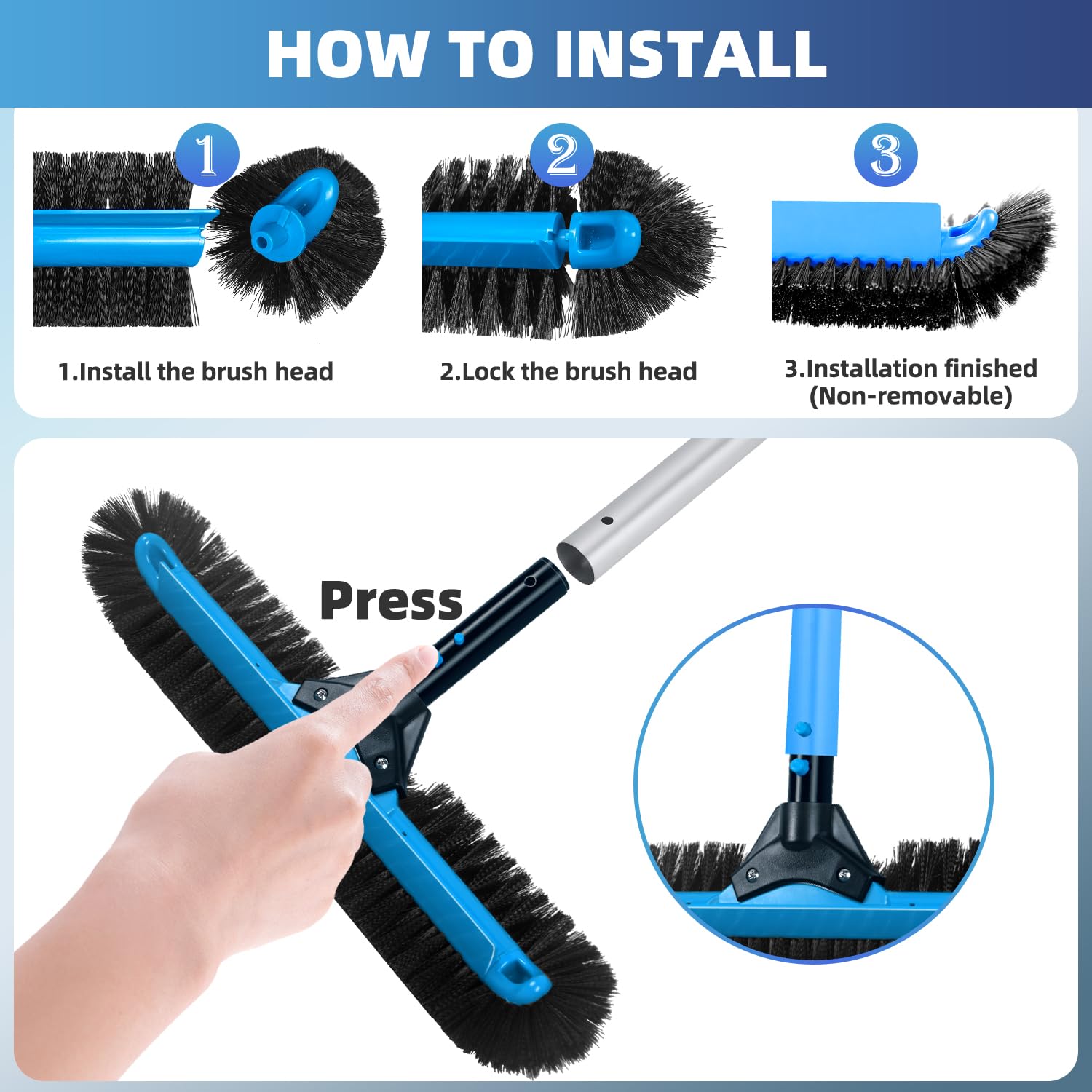 Cabezal de cepillo de piscina de 20 pulgadas de ancho, cepillo de limpieza de piscina resistente con cerdas de 12 filas, cepillos de piscina enterrados/superiores con extremos curvos, azul