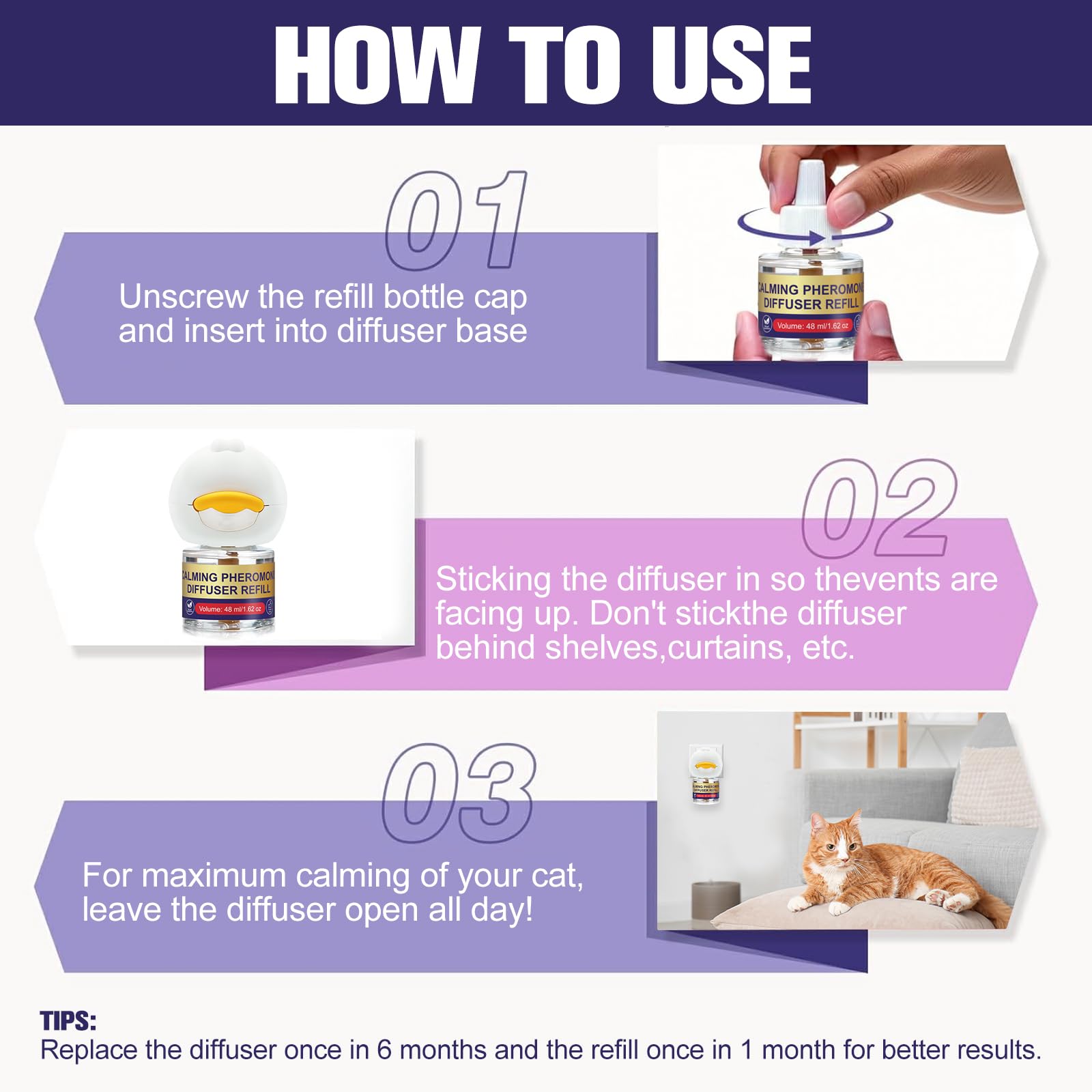 Difusor de Feromonas Calmantes para Gatos, Reduce Estrés, Ansiedad y Arañazos, Ayuda a Disminuir la Agresividad y Conflictos entre Gatos, Apto para Todos los Gatos, 1 Difusor + 3 Recargas de 48 ml