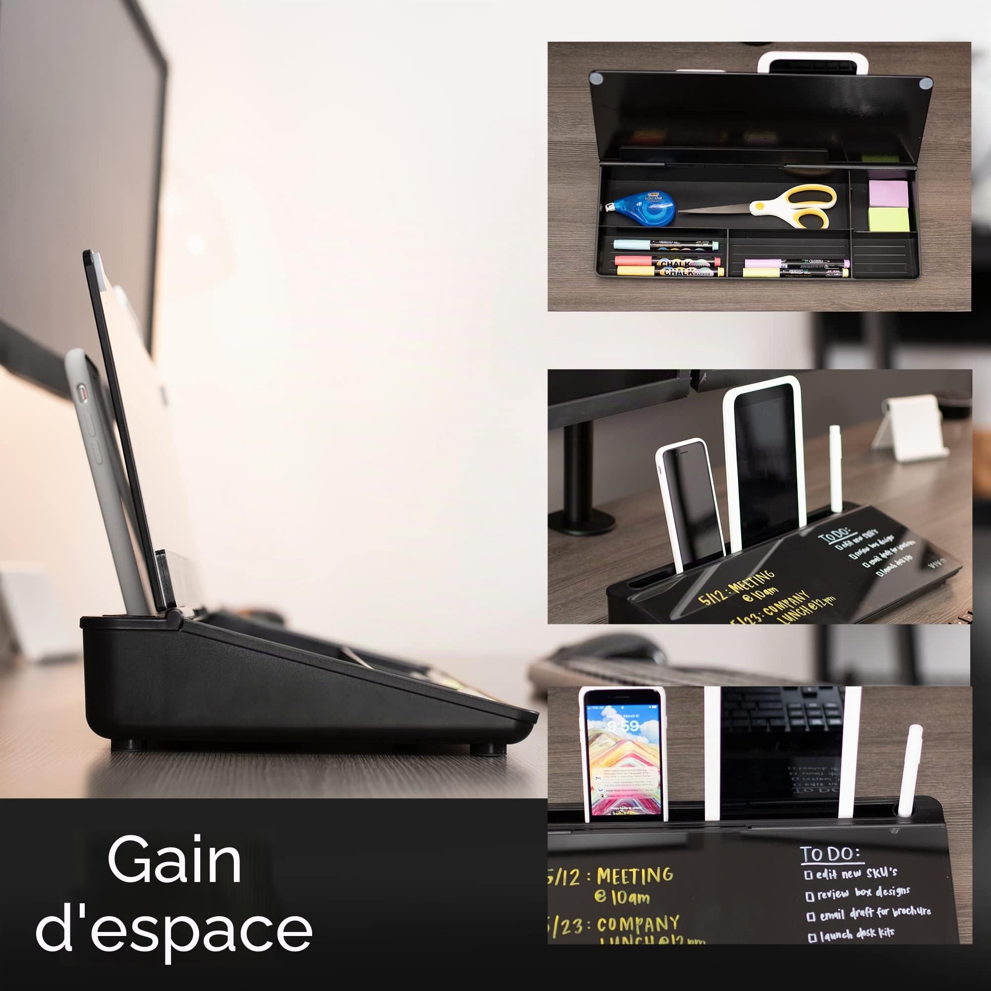 Vivo DESK-WB16B Tableau en verre effaçable à sec avec espace de rangement, compartiments cachés et fente pour appareil, noir, 40 x 18 cm