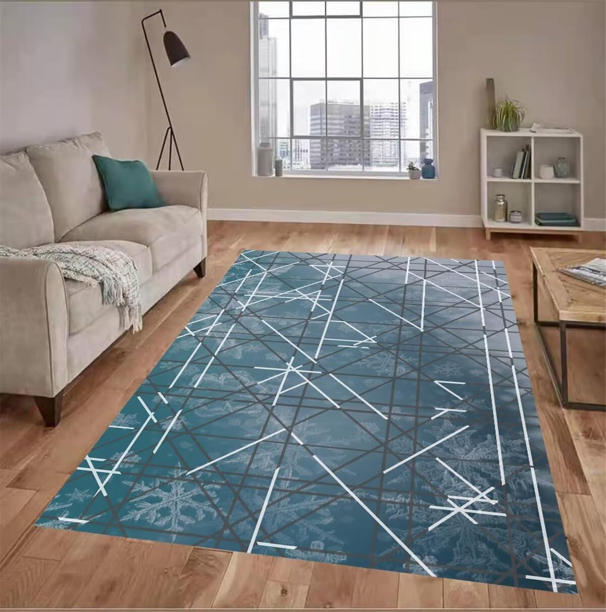 Tapis de canapé design gris bleu pour réchauffer l'ambiance de votre salon