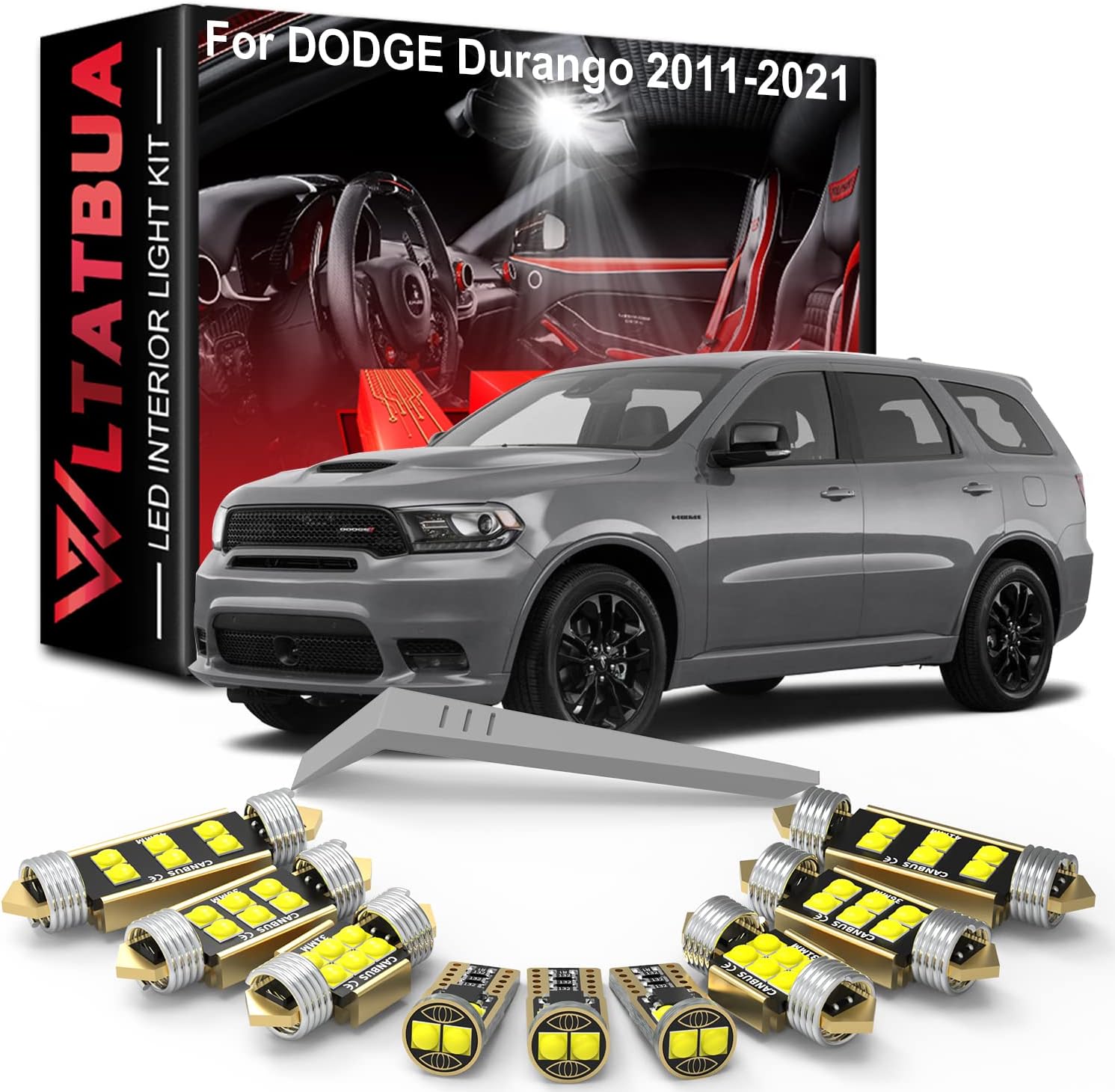 LED Interior Light Kit Package Replacement for Dodge Durango 2011 to 2014 2015 2016 2017 2018 2019 2020 2021 2022, Super Bright 6000K White License Plate Bulbs + Install Tool