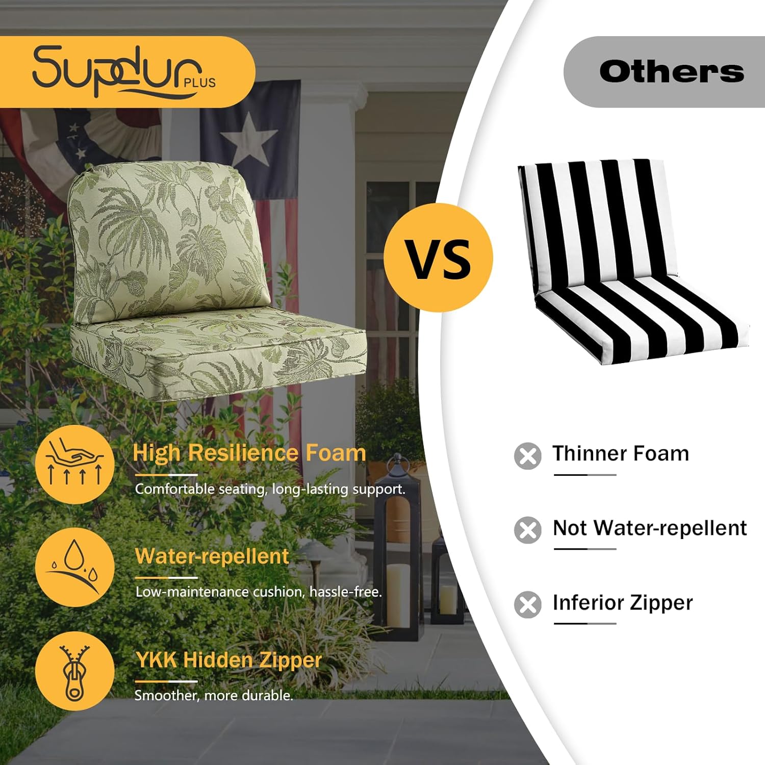 Outdoor Cushions for Patio Furniture Set of 2, 24"x24" Water Repellent Chair Cushions Removable Seat Bottom & Back Cushion Covers for Chair, Sofa, Couch, Dark Green Vine