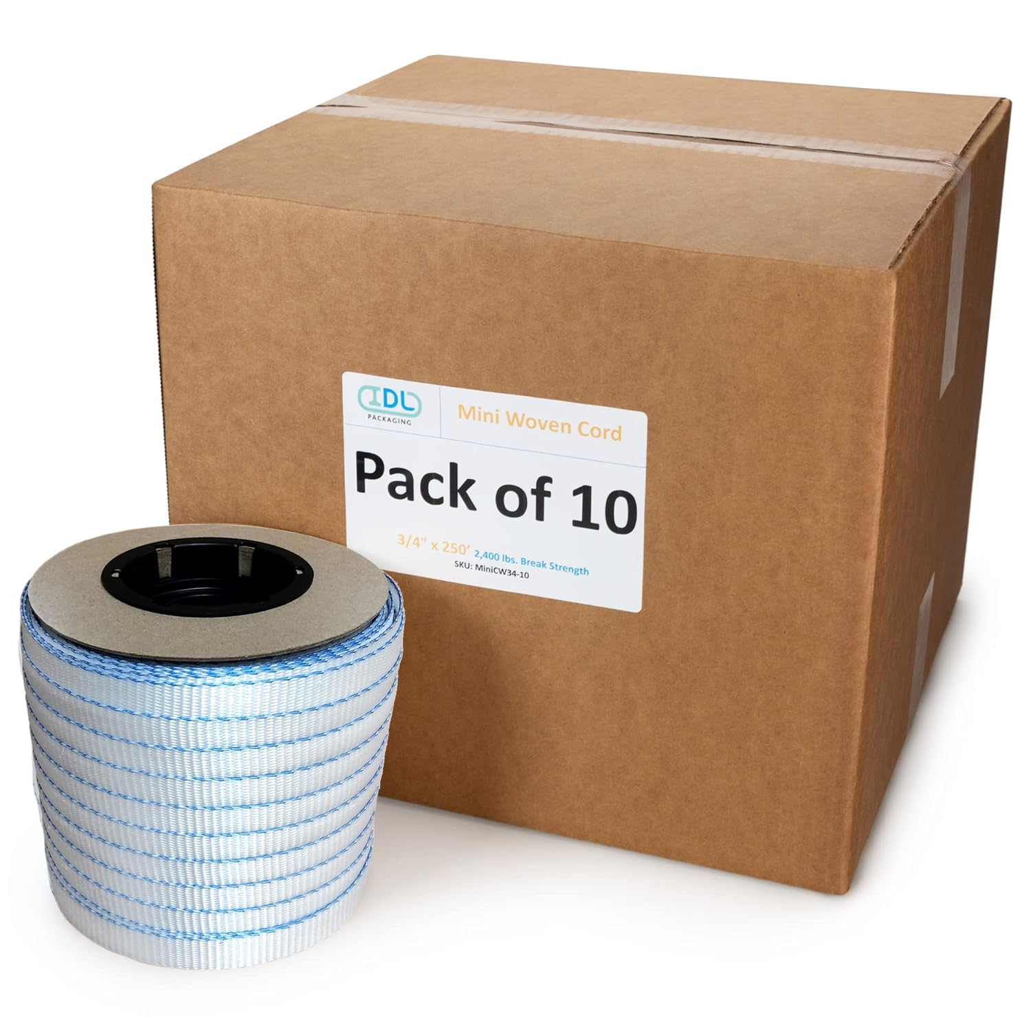 Mini Woven Cord Strapping Roll 3/4" x 250', 6" x 3" Core Size, 2400 lbs Break Strength, Pack of 10 - Poly Packaging Strapping - Woven Cord Strapping Coil with Re-Tightening Option by IDL Packaging