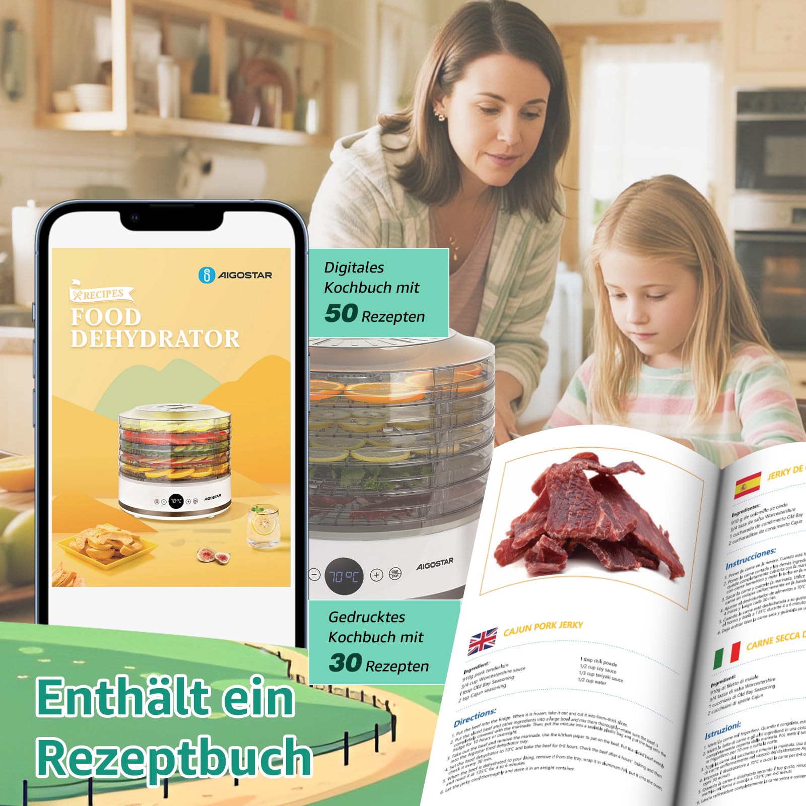 Aigostar Dörrautomat, LED-Anzeige, 5 höhenverstellbaren Tabletts, 48h-Timer, Dörrgerät mit "FAN"-Modus & einstellbarer Temperatur 35-70°C, leiser Betrieb, 380W, BPA-frei, Rezeptbuch inklusive
