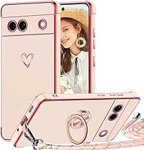 TVVTPU Coque pour Google Pixel 7A avec Cordon et 360 Degrés Anneau Support, Étui Housse Antichoc Souple Silicone TPU Bumper Protection Case avec Amovible Collier, Rose