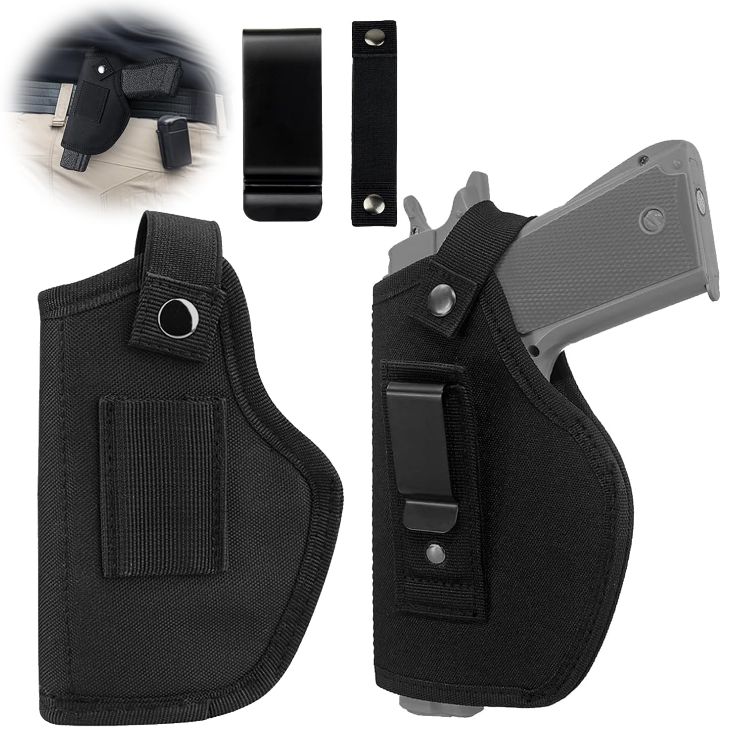 2 Pezzi Fondina per Pistola Nascosta, Pistola Interna o Esterna per Mano Sinistra e Destra, Pistole Tattiche Holster, Nylon Fondina da Trasporto Nascosta, Nero