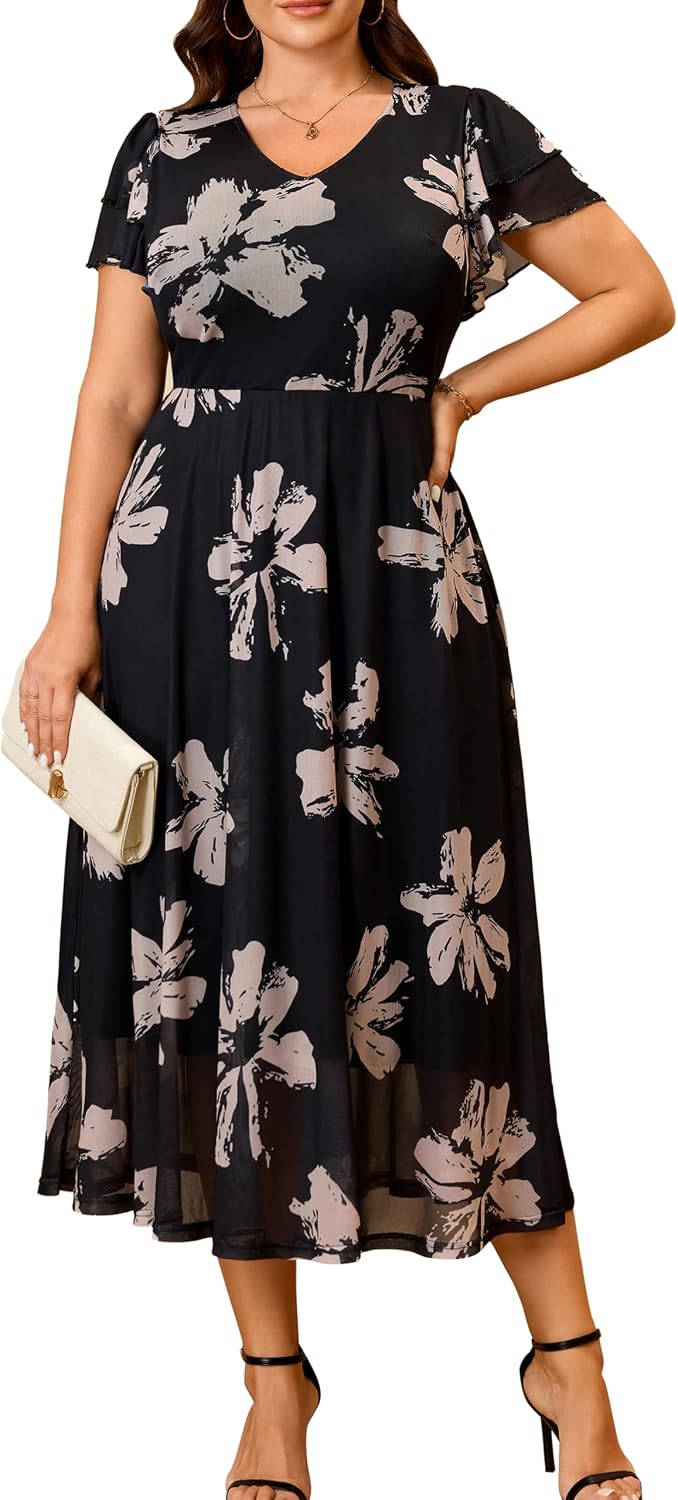 RWJ Plus Size Floral Maxi Dress 2026 Summer V Neck Wedding Guest Dresses