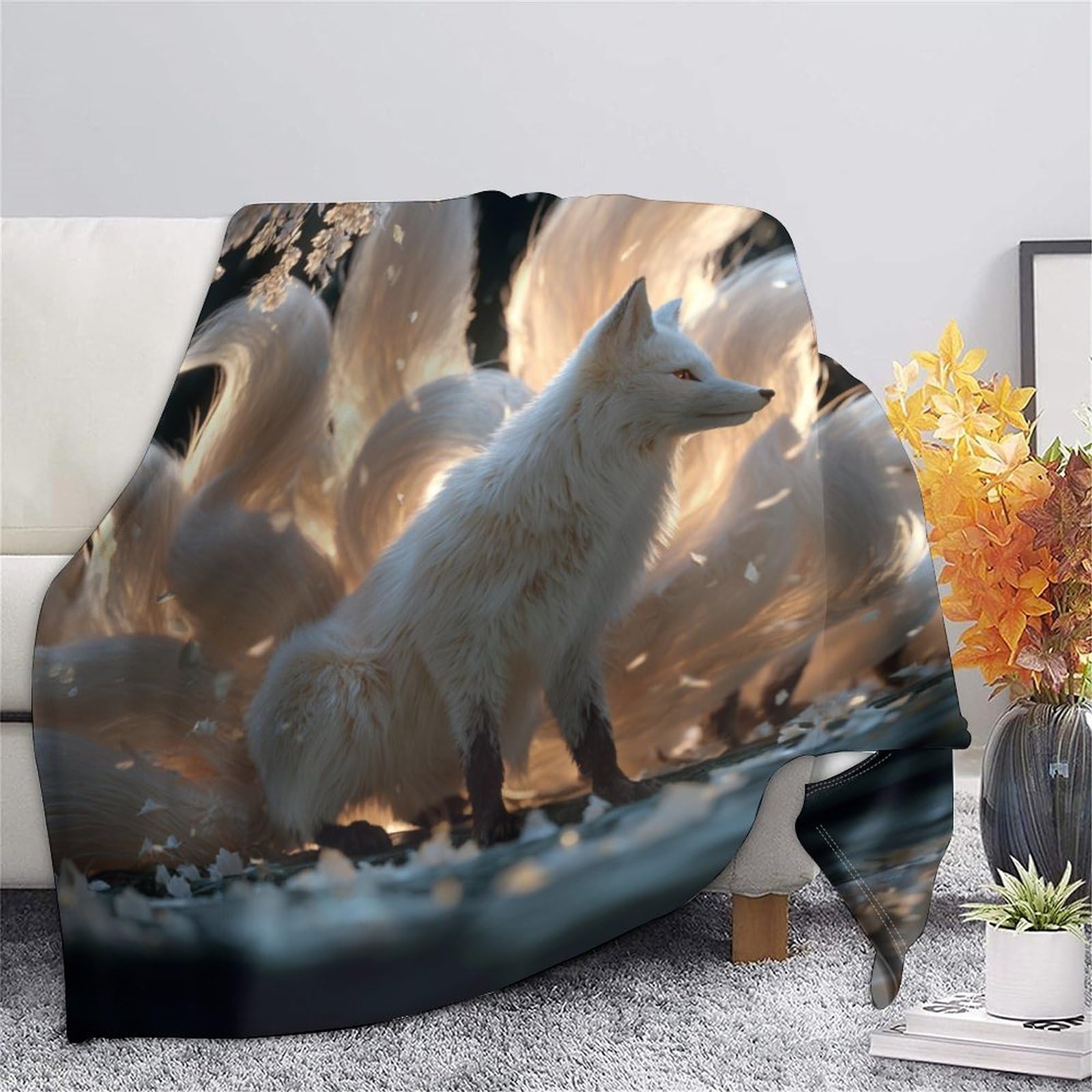 Fox with Nine Gorgeous Tails Manta Estampada 3D Colcha De Diseño Ropa De Cama De Microfibra Suave Y Cálida Sofá Ropa De Cama 80x90inch(200x230cm)