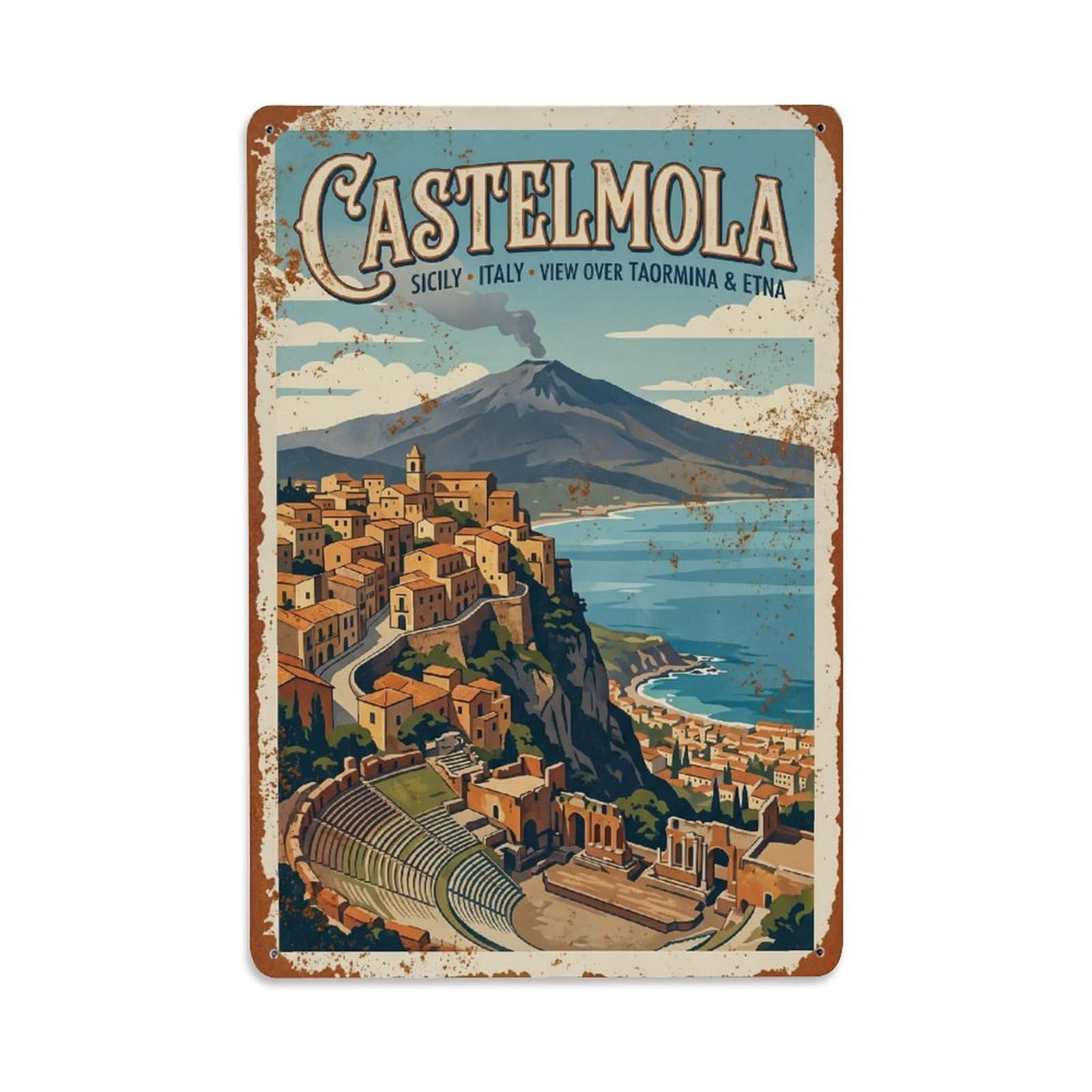 Vintage Travel Castelmola Sicily Italy Metal Tin Sign