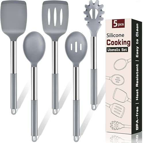 Miniatura 8 de Juego de utensilios de cocina de silicona, 5 piezas, herramientas de cocina resistentes al calor, incluye espátula sólida y ranurada, cuchara de