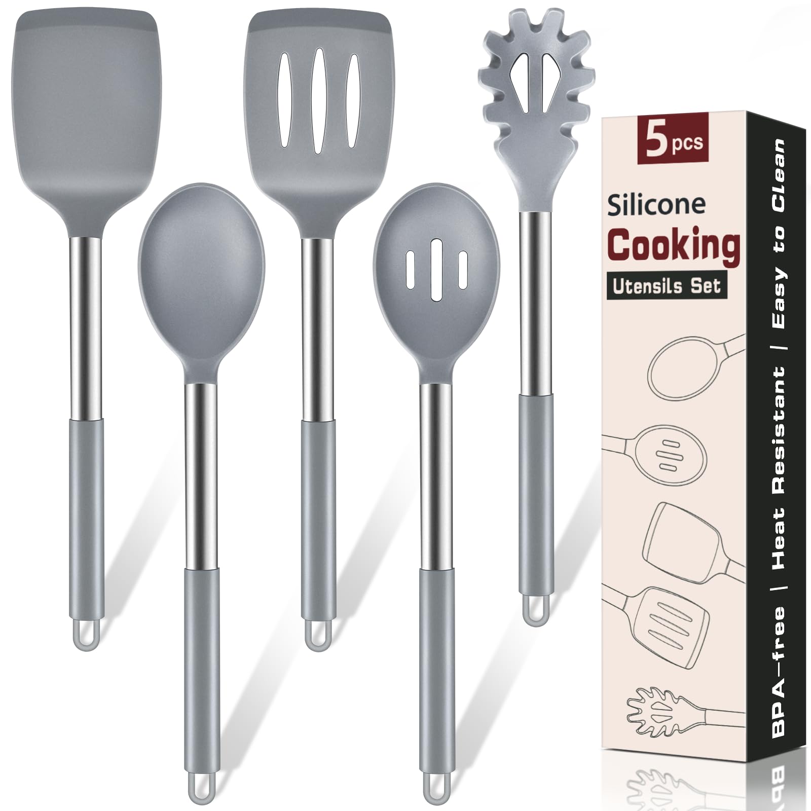 5Pcs Silicone Cooking Utensils Set, Heat Resistant Kitchen Tools Include Solid&amp;Slotted Spatula, Cooking Spoon and Pasta Server, Silicone Kitchen Utensils set for Nonstick Cookware Flipping, Gray