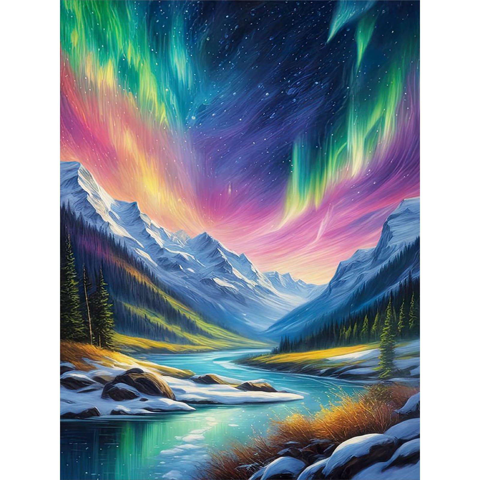 Fountor Ukdp03 Aurora Diamond Art Kits Adults Beginner, Snowy Mountains Lake Diamond Painting Kits For Adults, Landscape 5D Diy Gem Art Kit For Home Wall Decor 30X40 Cm