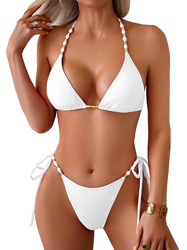 swimall Women's Thong Bikini Set Sexy String High Cut Triangle Swimsuit Two Piece Brazilian Bathing Suit - 505 - White - Medium