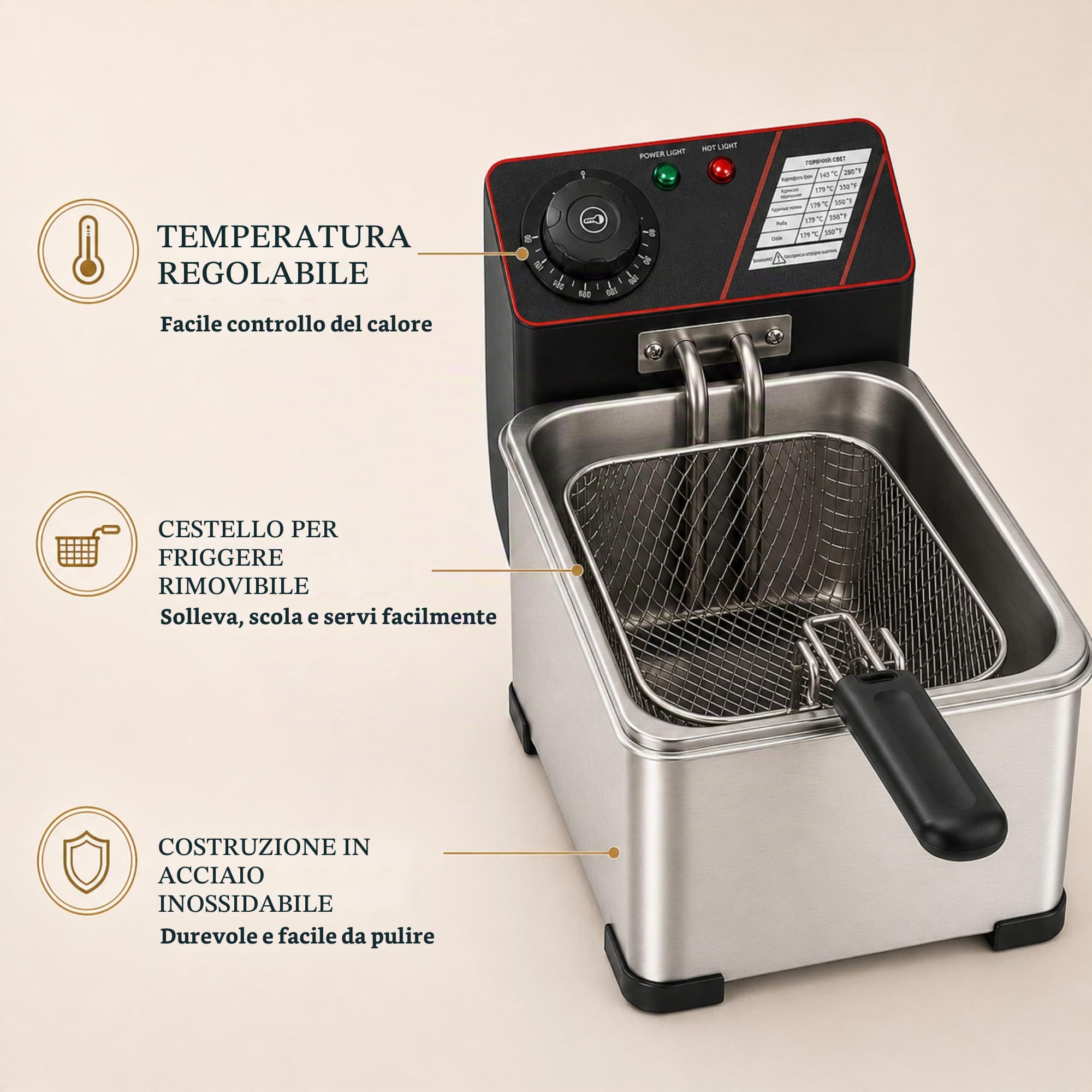 Friggitrice Elettrica Professionale 3L in Acciaio Inox | Friggitrice a Olio, Cestello Estraibile, Temperatura Regolabile, Design Compatto, Per Casa, Bar, Cucina e Ristorazione