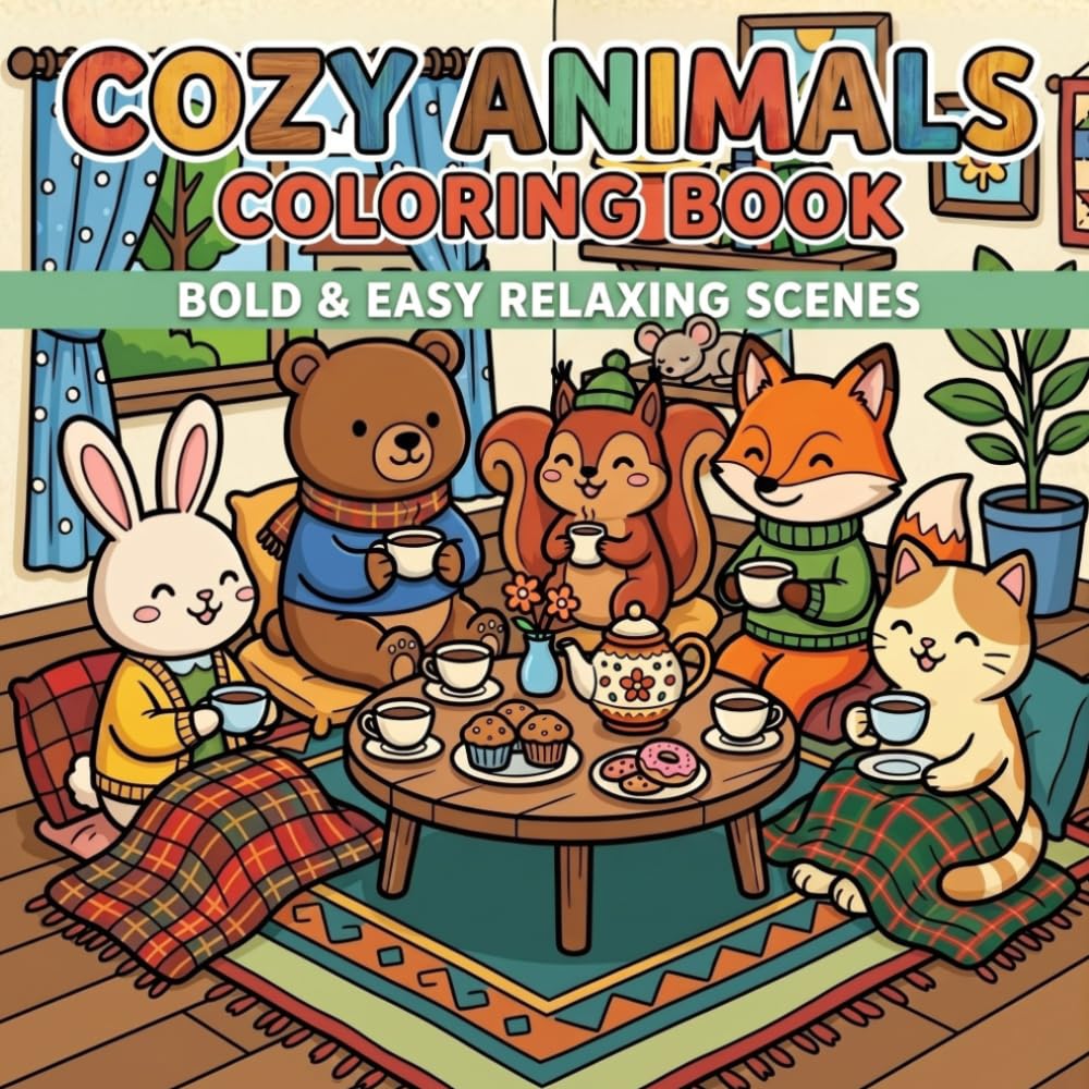 Cozy Animals Coloring Book: Bold and Easy Designs with Relaxing Cute Scenes | Simple Thick-Line Illustrations for Kids, Teens, Adults & Seniors (Cozy Cute Core)