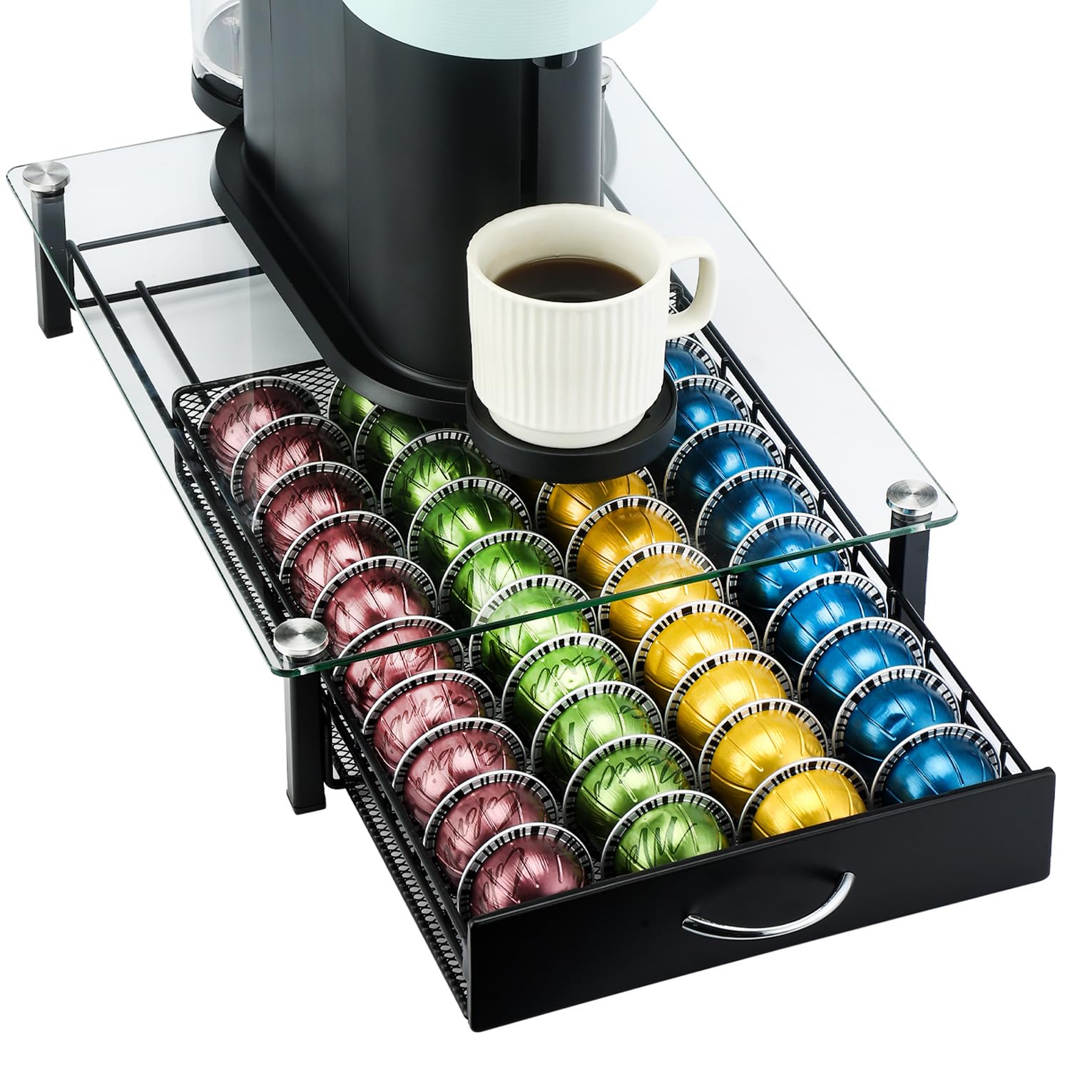 Flagship Uchwyt na kapsułki Nespresso, szuflada, organizer na kapsułki Nespresso, szklana taca do przechowywania, pojemność 40 kapsułek Vertuo