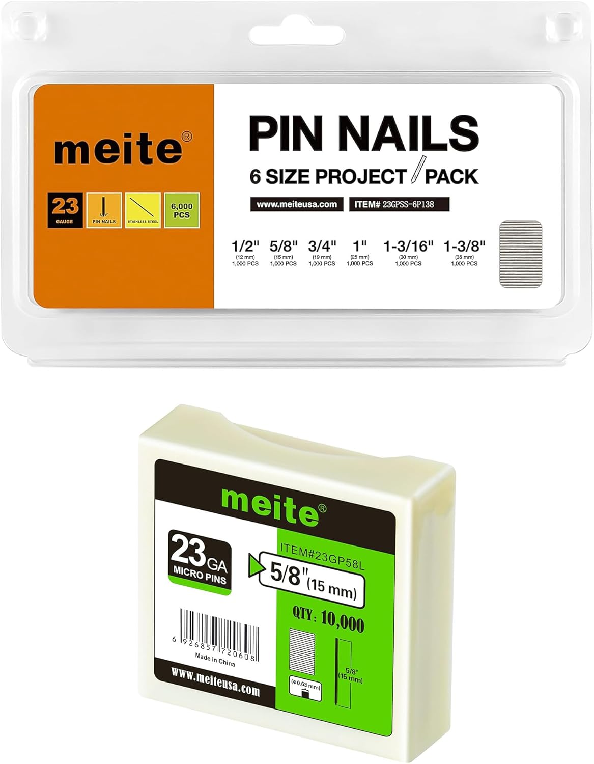 meite 5/8" Galvanized 23 Gauge Pin Nails - 10000 Counts and Assorted 6 Sizes (1/2", 5/8", 3/4", 1", 1-3/16", 1-3/8") 304 Stainless Steel Pin Nails - 6000 Counts