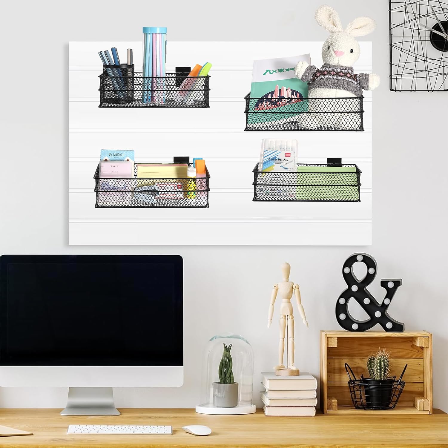 Kokone 4 Pack Metal Mesh Basket for Slatwall, Hanging Storage Bins for Slat Wall, Slatwall Basket Bins for Slatwall Panel, Slatwall Storage Accessories for Garage Workshop Craft Room Organizer, 4 Size