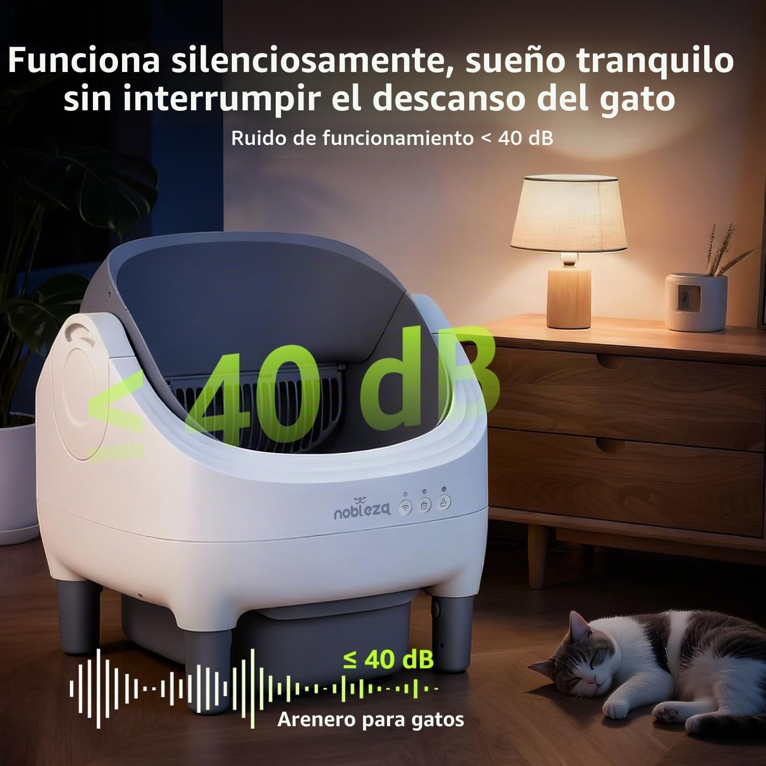 Nobleza Arenero Autolimpiable para Gatos SL03 - Caja de Arena Automática con Control por App, Diseño Abierto y Seguro, Capacidad XXL 12L para Varios Gatos, Incluye Bolsas y Ambientador, Blanco
