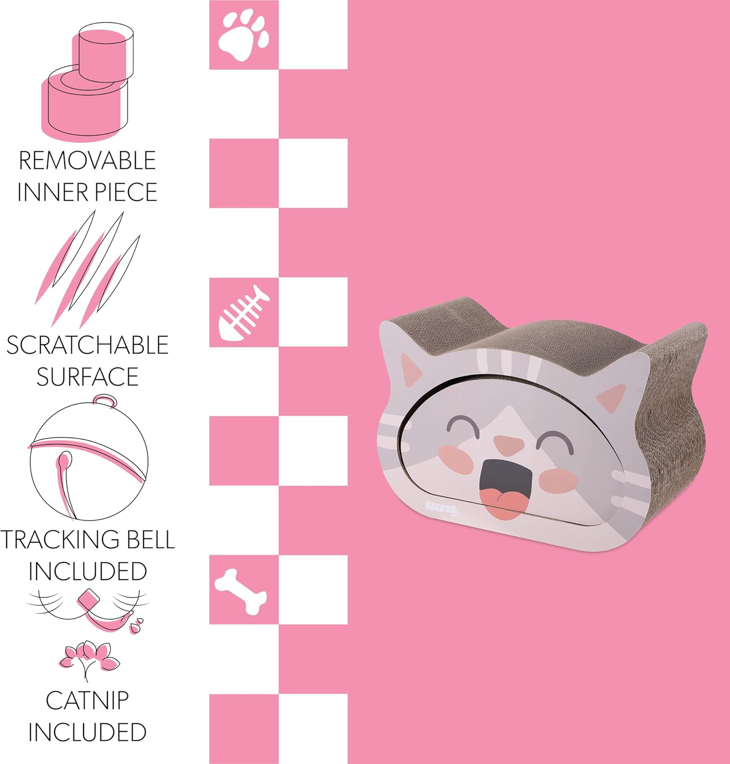 CSR1000A Opal 19" Modern Cardboard Happy Cat Head 2-in-1 Cat Cave Scratcher with Built-in Bell Toys and Catnip, Muted Pink/Cream