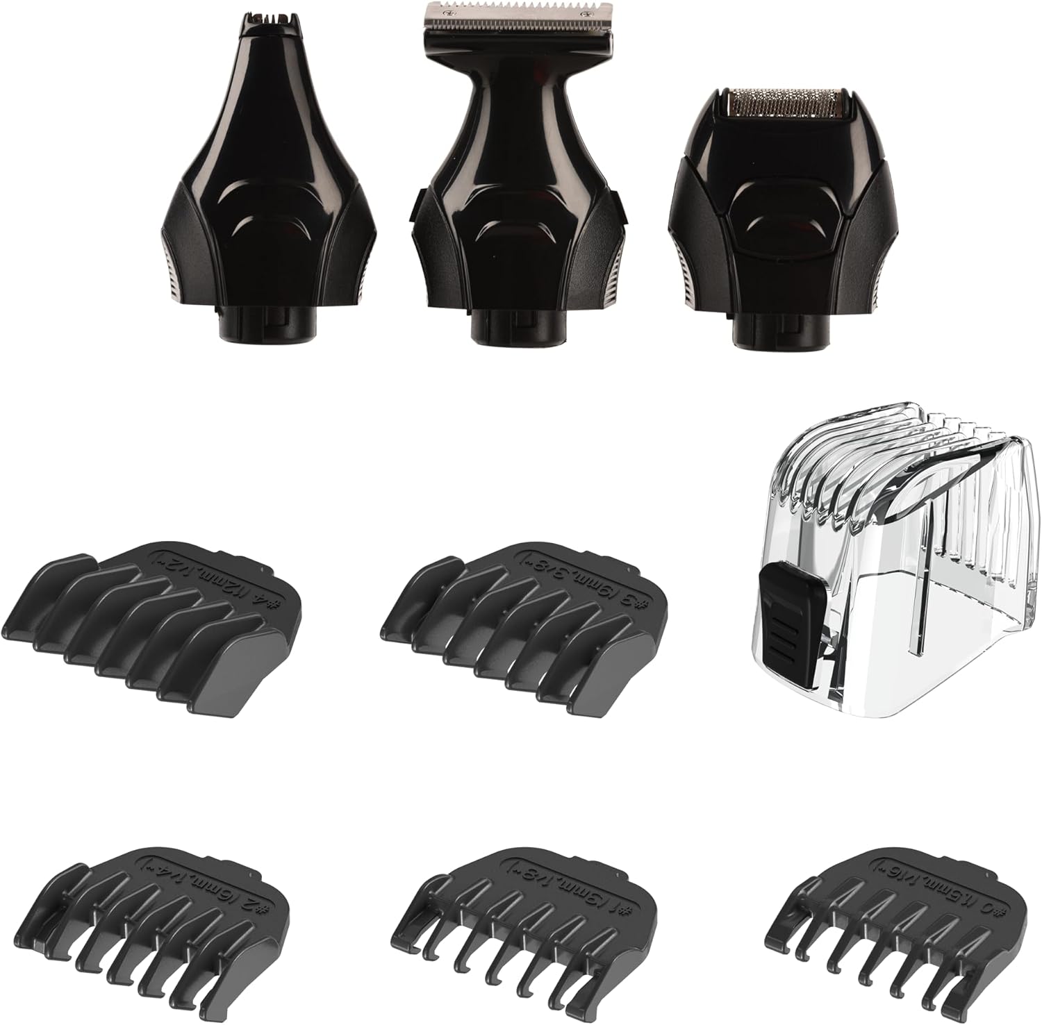All attachments and guide combs for the Remington Edge PG6030 grooming kit