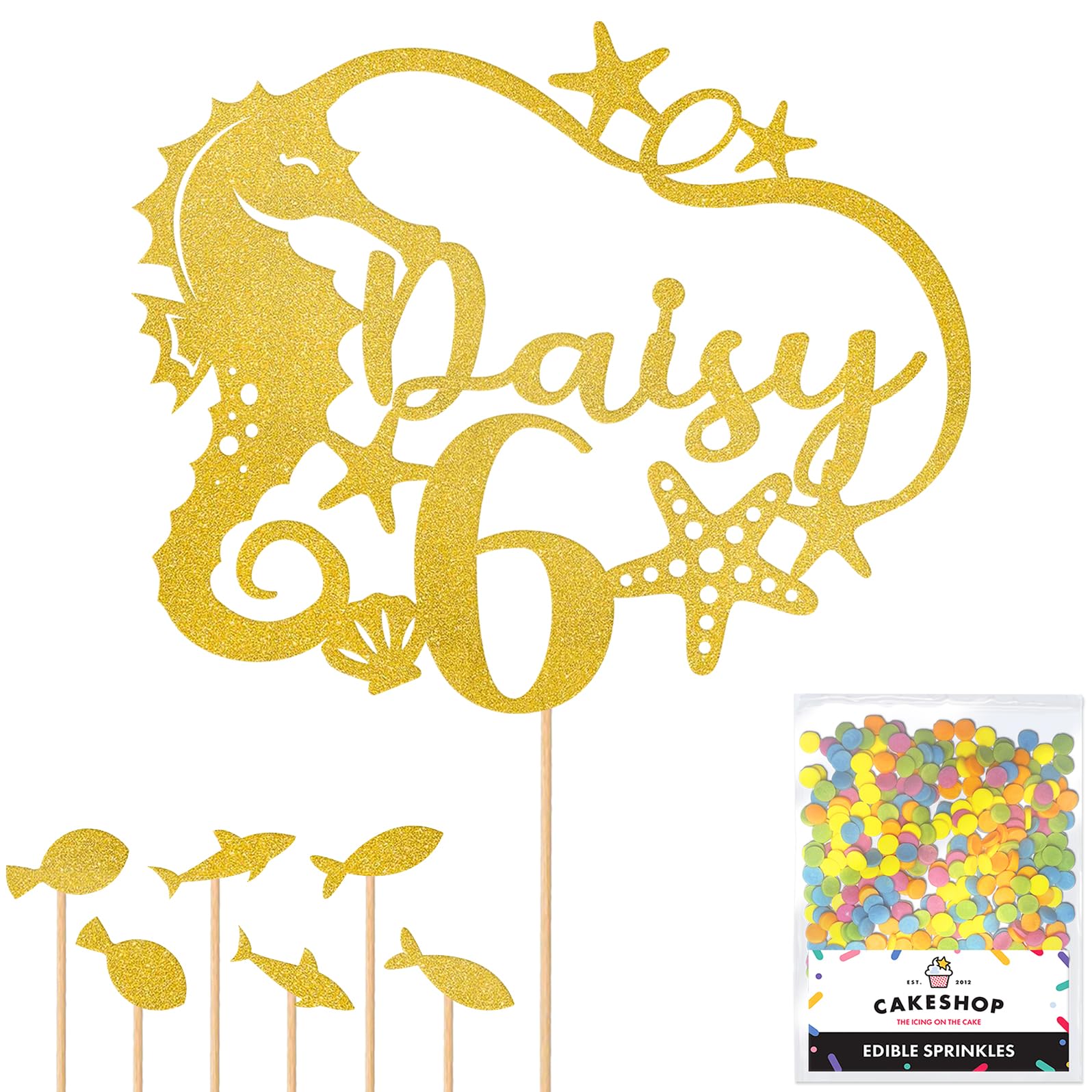 Personalised Birthday Seahorse Glitter Cake Topper- Gold Any Custom Age & Name Glitter Cake Decoration and Sprinkles - Happy Birthday Decorations - Personalised Toppers for Cakes by Cakeshop