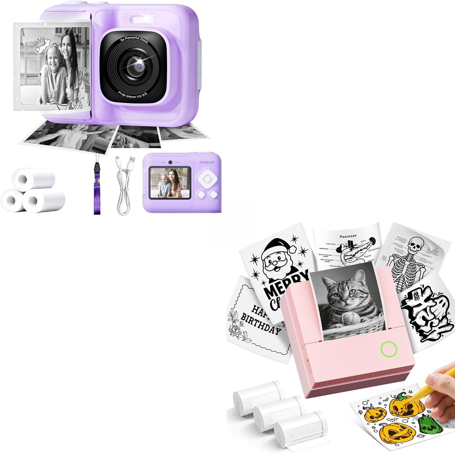 Sticker Printer, PM290C Portable Mini Printer, Inkless Bluetooth Sticker Maker with 3 Rolls Paper and Kids Camera, 1080P Instant Digital Print Camera for Kids, Christmas Birthday Gifts for 4 5