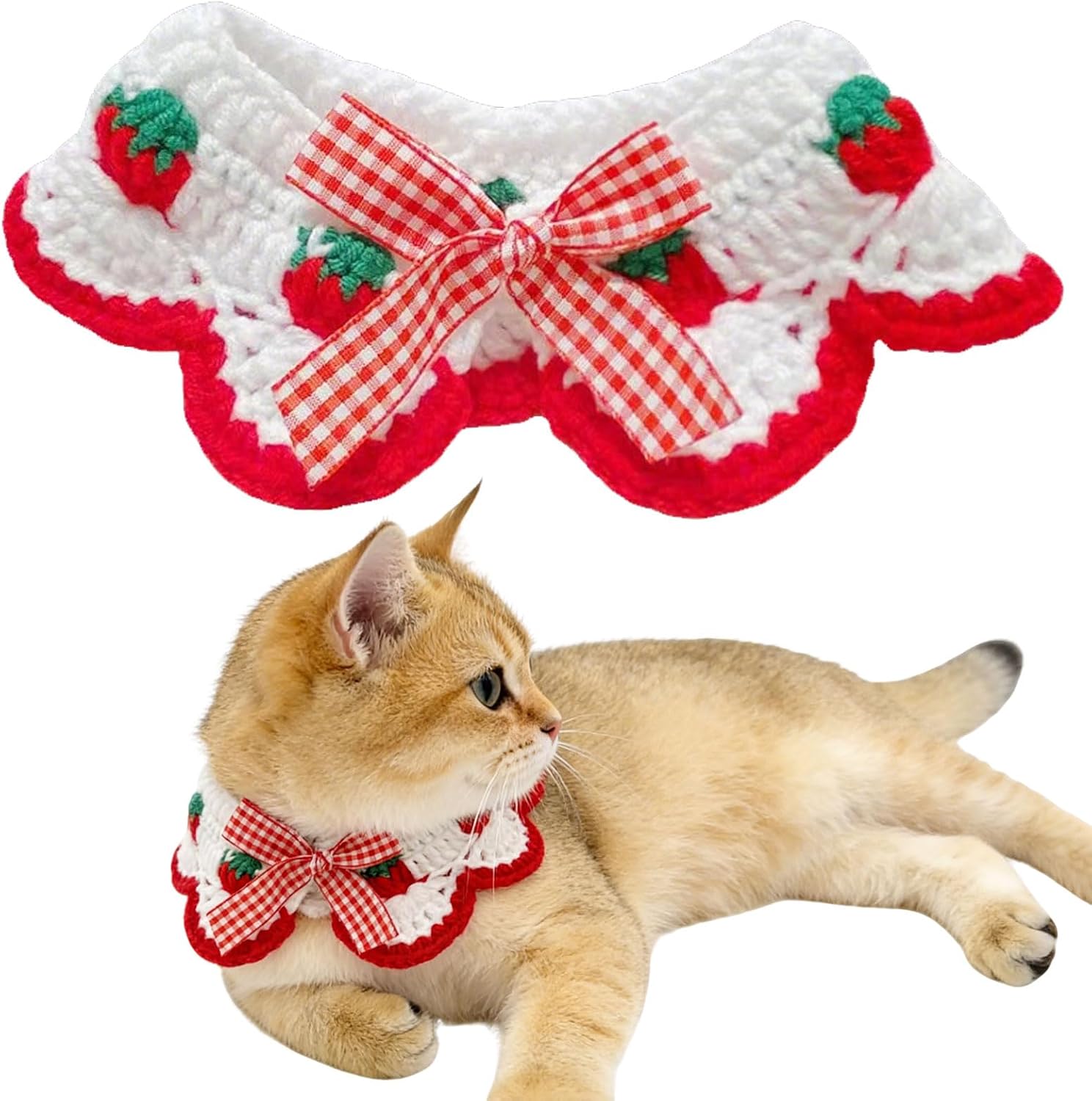 Cat Collar with Safety Clasp Adjustable Collar for Kittens with Cute Bowtie and Strawberry Pattern for Small Pets White