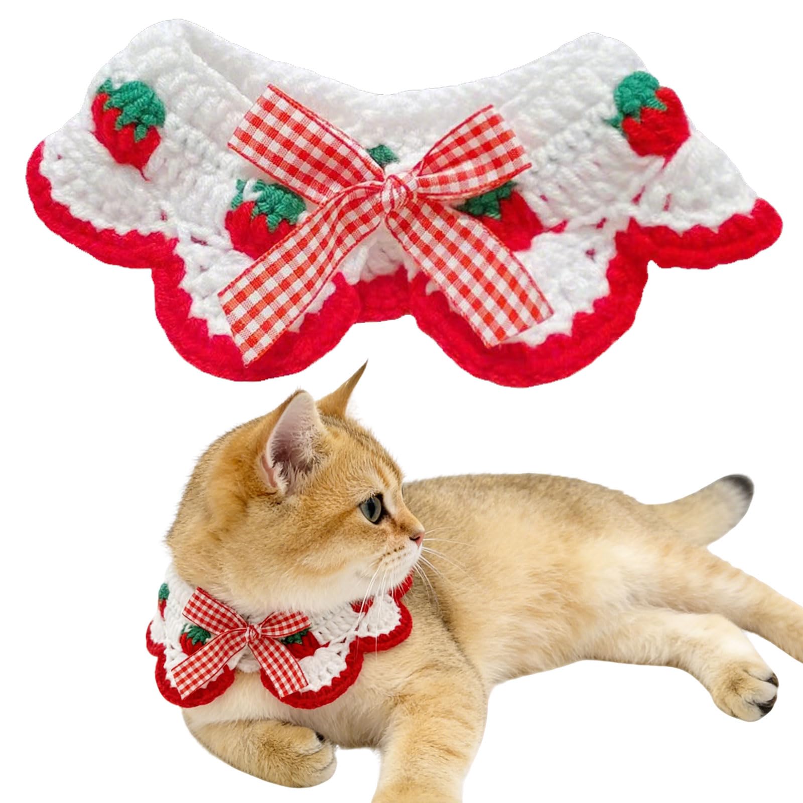 Floruvia Breakaway Cat Collar, Adjustable Kitten Collar with Cute Bow Tie Strawberry Pattern, Soft Comfortable Bandana for Kittens and Small Puppies(White)