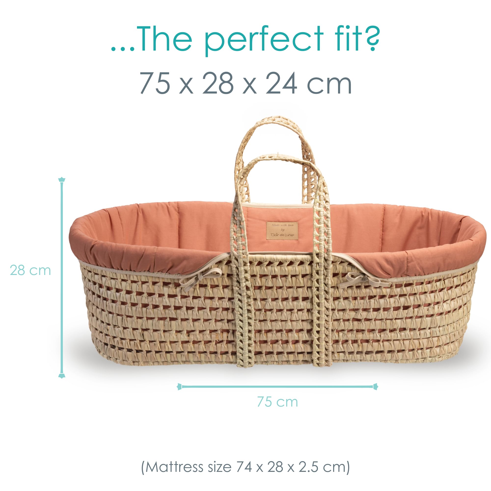 Clair de Lune Couffin en Palmier Bio - Lauréat du Prix d'or - avec Habillage Biologique, Matelas en Bambou Naturel et Drap de couffin Doux de 75 x 28 cm (Orange Rouille)