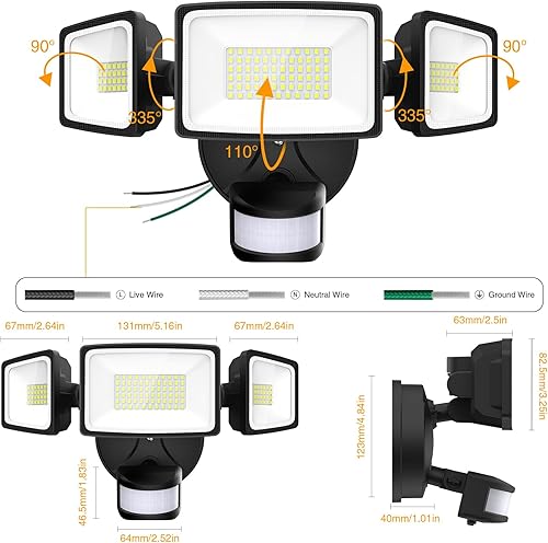 Miniatura 9 de Onforu Paquete de 3 luces LED de 65 W con sensor de movimiento para exteriores, luces de seguridad, luces de inundación al aire libre, detector de