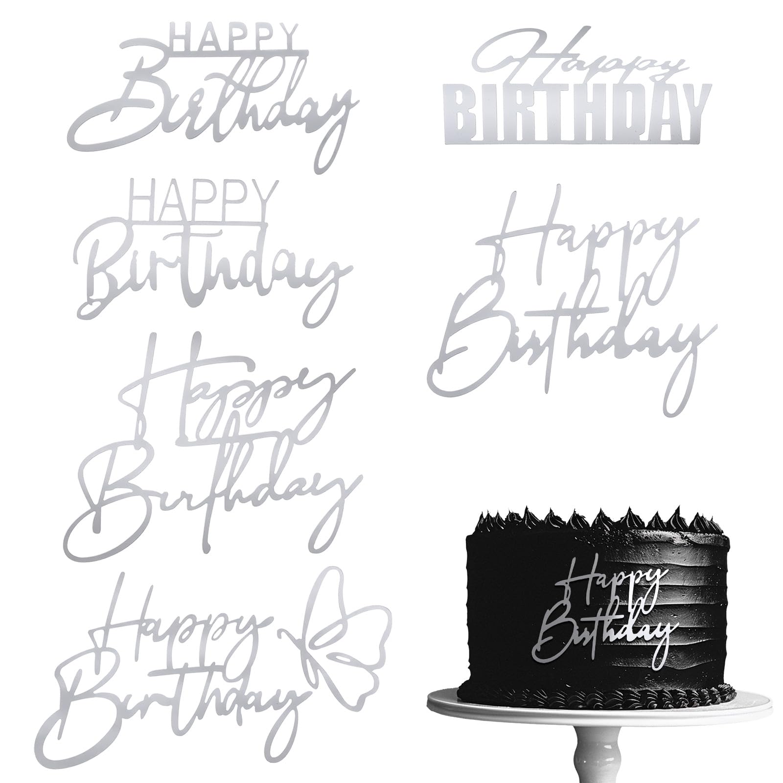 cobee 6 Pcs Silver Happy Birthday Cake Topper, Acrylic Birthday Cake Topper