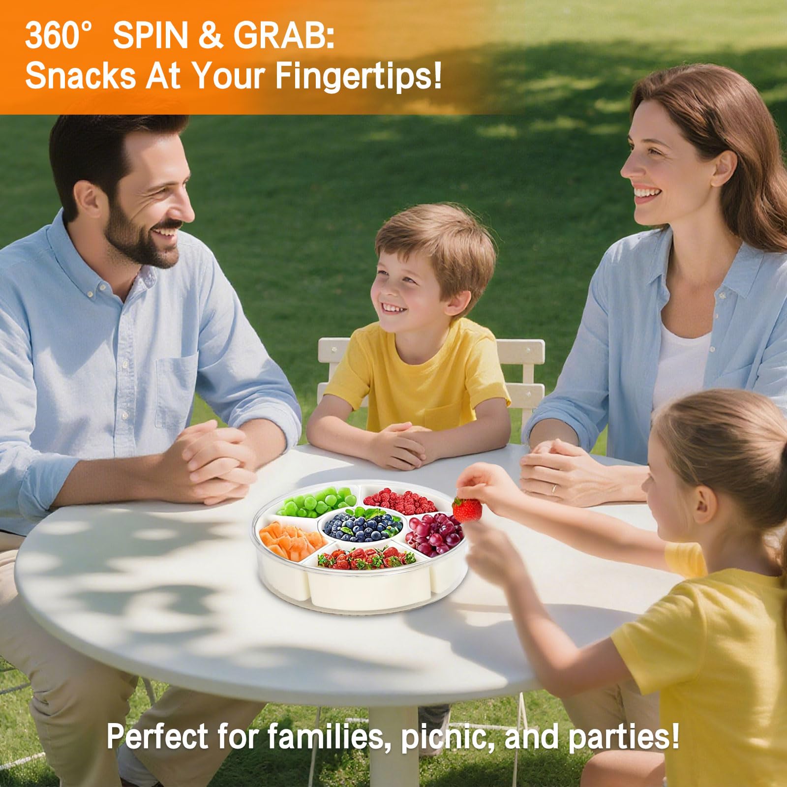 Snackbox mit Fächern, PP-Material Rund Spinner Snackbox Kinder mit 6 Fächern, Herausnehmbare Snackteller mit Deckel und Griff, Picknick Box für SüßIgkeiten Obst Gemüse -Round
