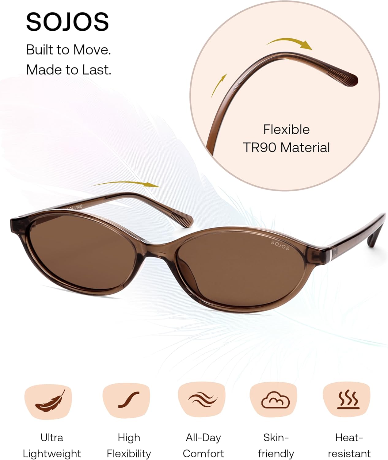 SOJOS TR90 Ultra Light Flexible Sunglasses for Women Retro Oval Polarized Cat Eye Vintage Shades UV400 Protection Comfort Fit - Image 4