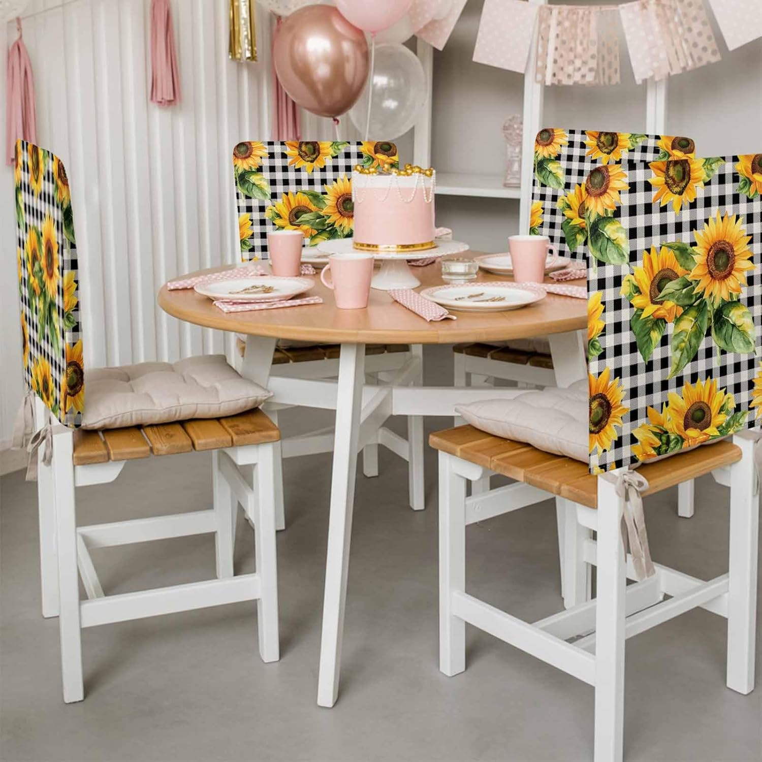 Chair Back Covers Set of 6, Sunflower Black Check Washable Chair Covers for Dining Room, Spring Summer Flowers Botanical Decorative Dining Chair Slipcover for Kitchen, Home, Hotel, 20x19 Inch