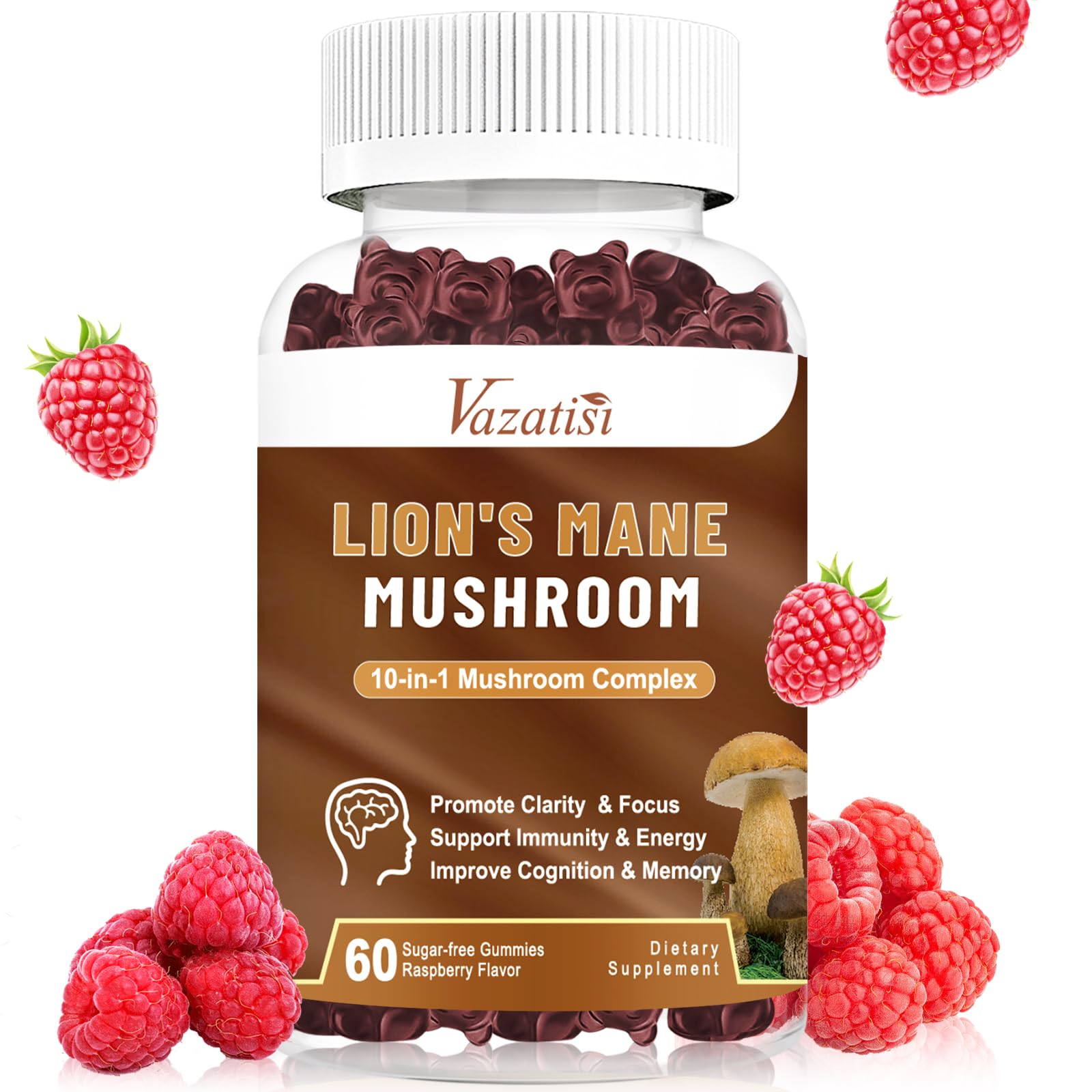 Mushroom Gummies, 10 Mushroom Complex- Lions Mane Supplement with Shitake, Reishi, Turkey Tail, Chaga - for Memory & Focus, 60 Raspberry Gummies