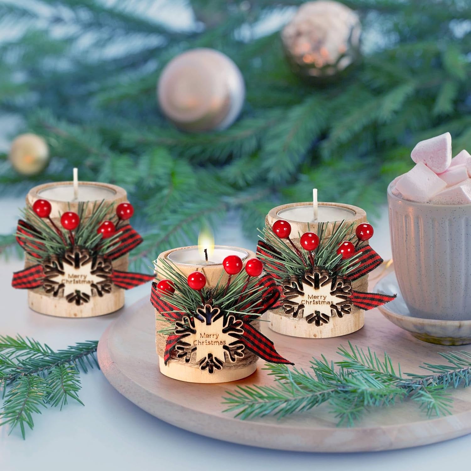 Uiifan 24 Sets Christmas Wood Tealight Candle Holder and Tea Lights Candles Set Decorative for Table Centerpiece Xmas Tealight Candles Bulk Candleholders Decor Gift (Snowflake,Wood Color)