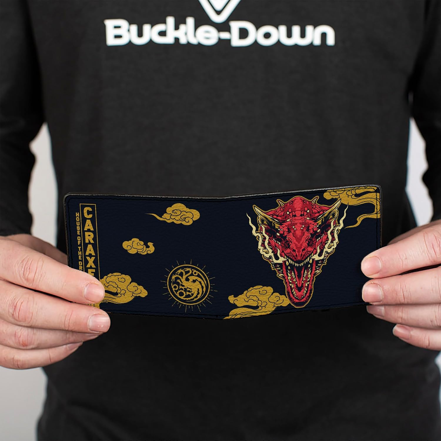 Buckle-Down House of the Dragon Wallet, Bifold, House of the Dragon Caraxes Breathing Fire Pose and Clouds, Vegan Leather